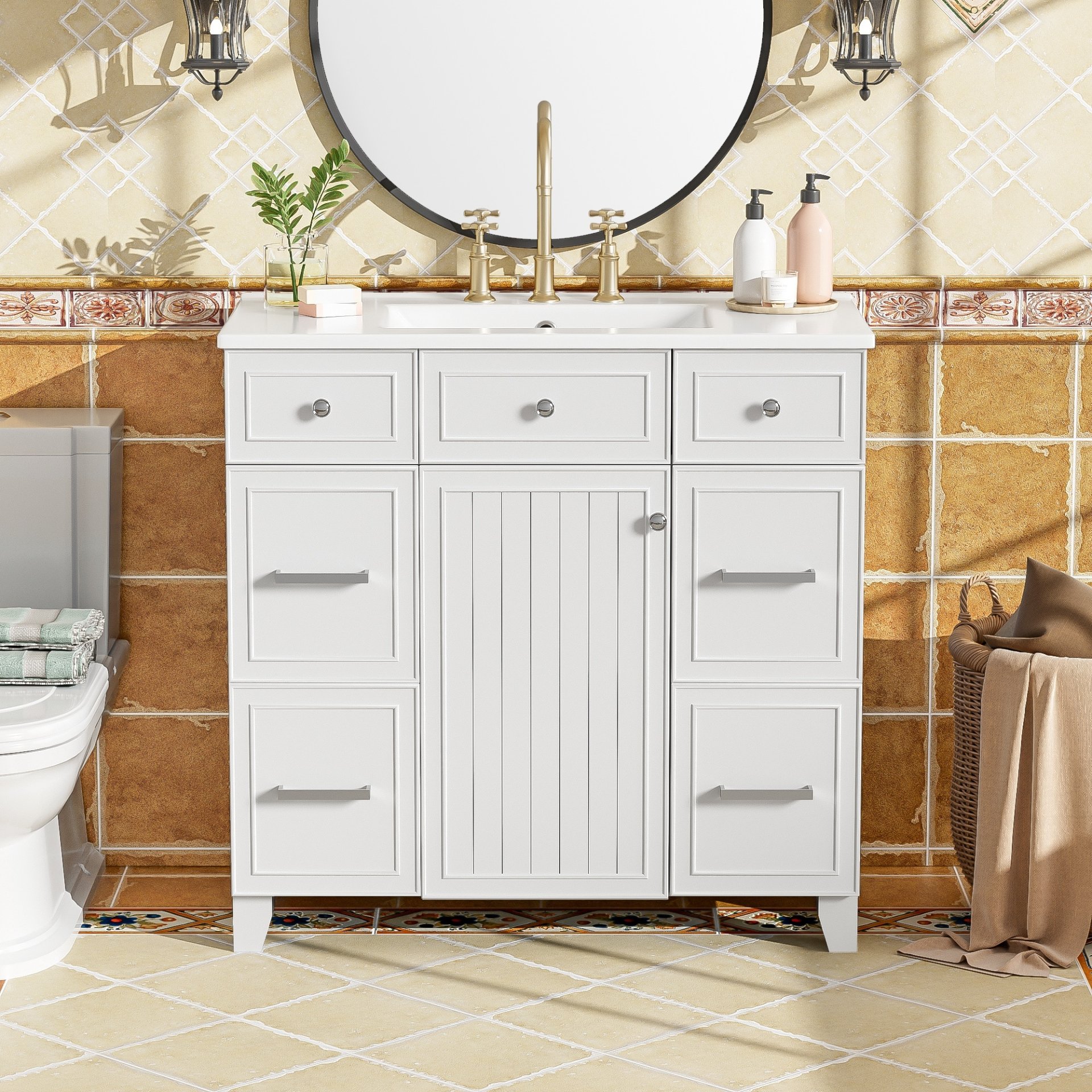 36" Bathroom Vanity With Sink, Soft Close Doors, And Adjustable Shelves Solid Frame - White - Image 2