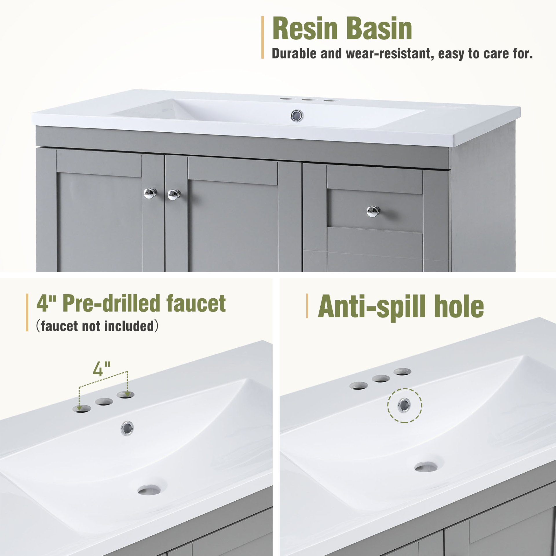 Shaker Style Free Standing Bathroom Vanity Cabinet With Sink, 4 Soft Close Drawers And 2 Soft Close Doors - Gray - Image 9