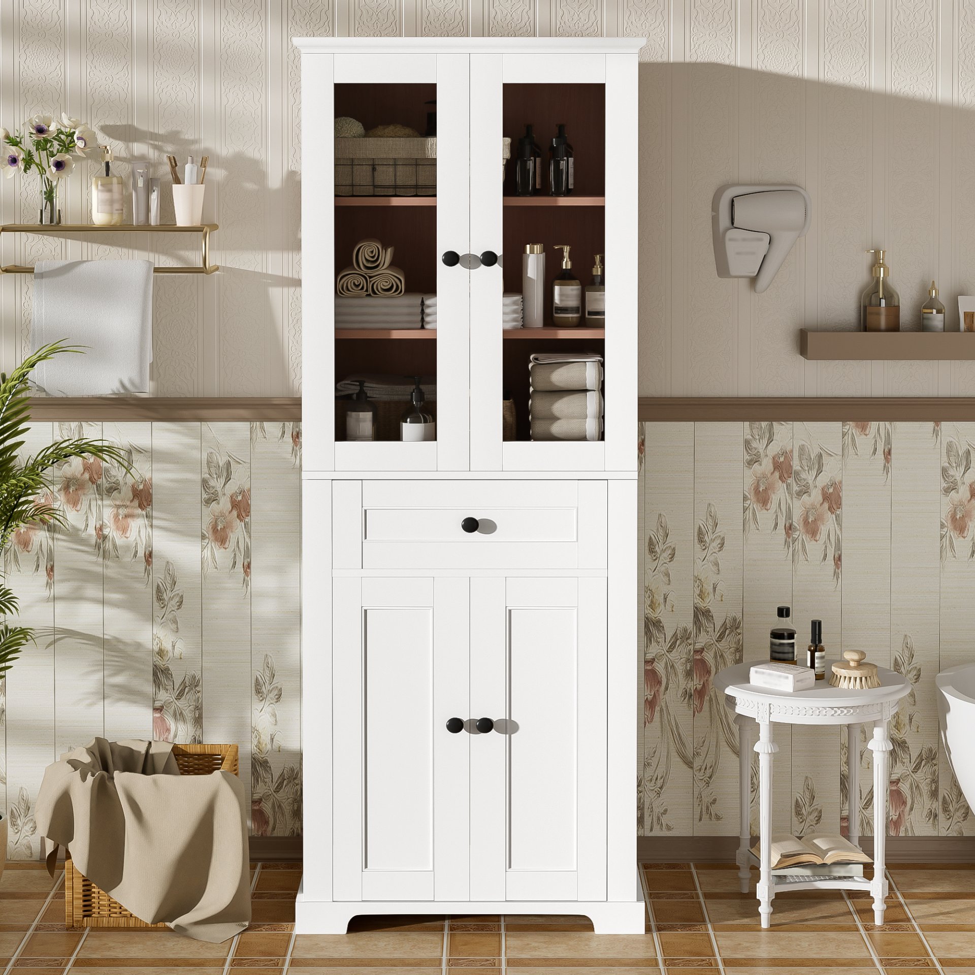 Bathroom Storage Cabinet, Adjustable Shelves & Drawer, Freestanding Linen Tower - White - Image 2