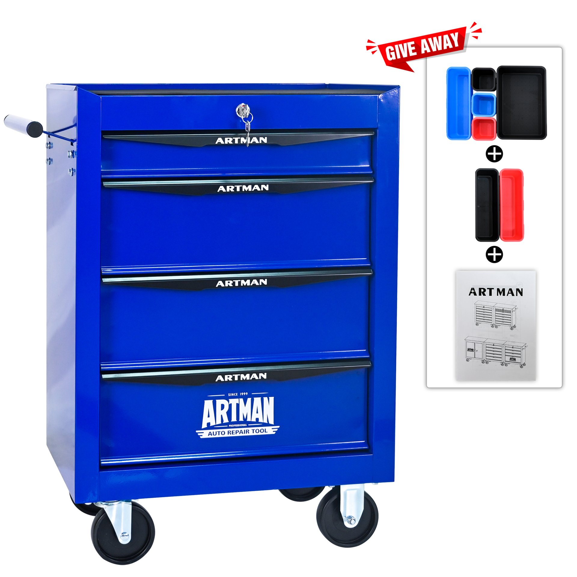 Rolling Metal Tool Chest With 4 Drawers, 20" Steel Storage Cabinet With Ball Bearing Slides - Black / Blue - Image 5