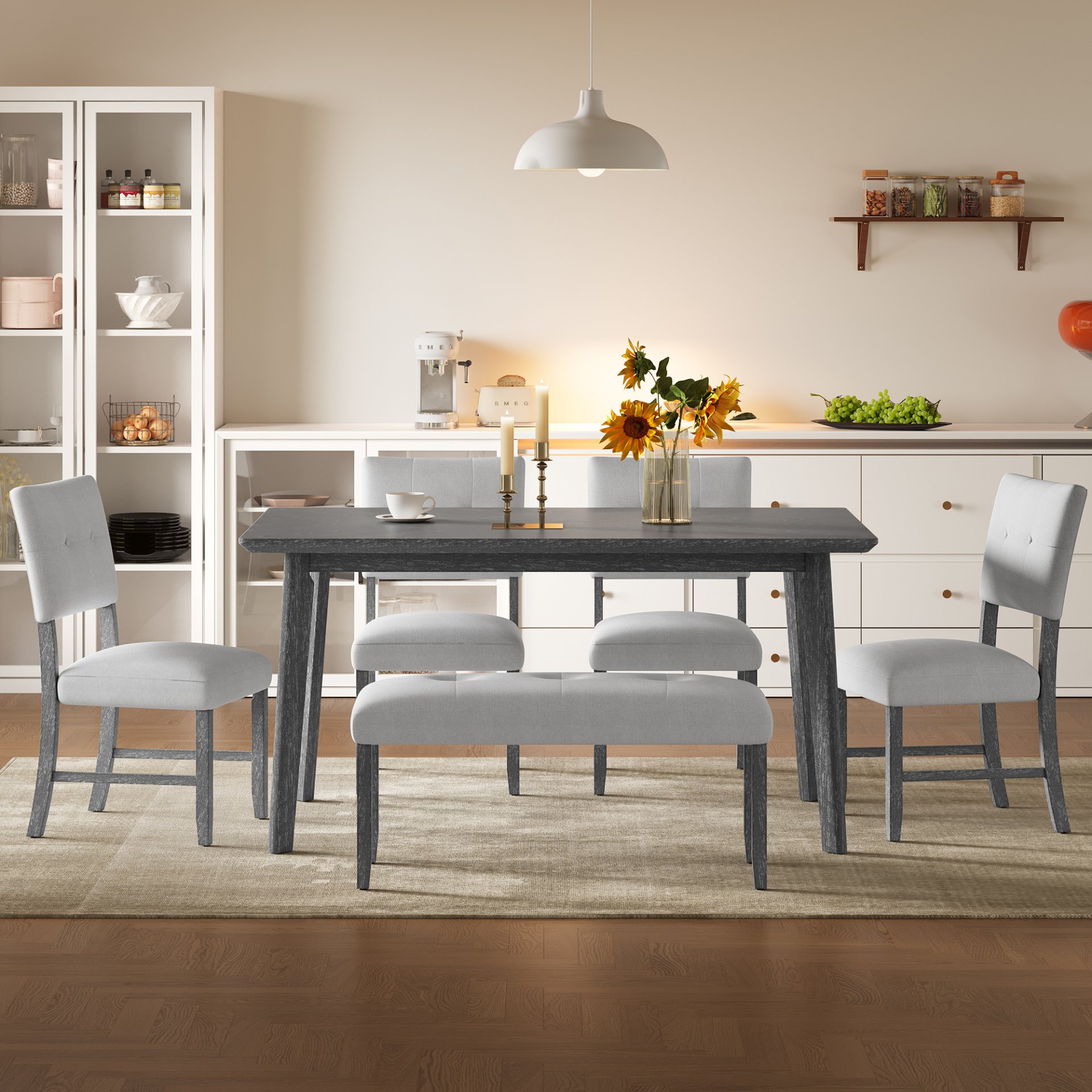 6 Pieces Dining Room Table Set, Rustic Farmhouse Dining Room Rectangular Table With 4 Upholstered Chairs And Bench, Solid Wood Kitchen Dining Table Set For 6 Persons - Gray - Image 5