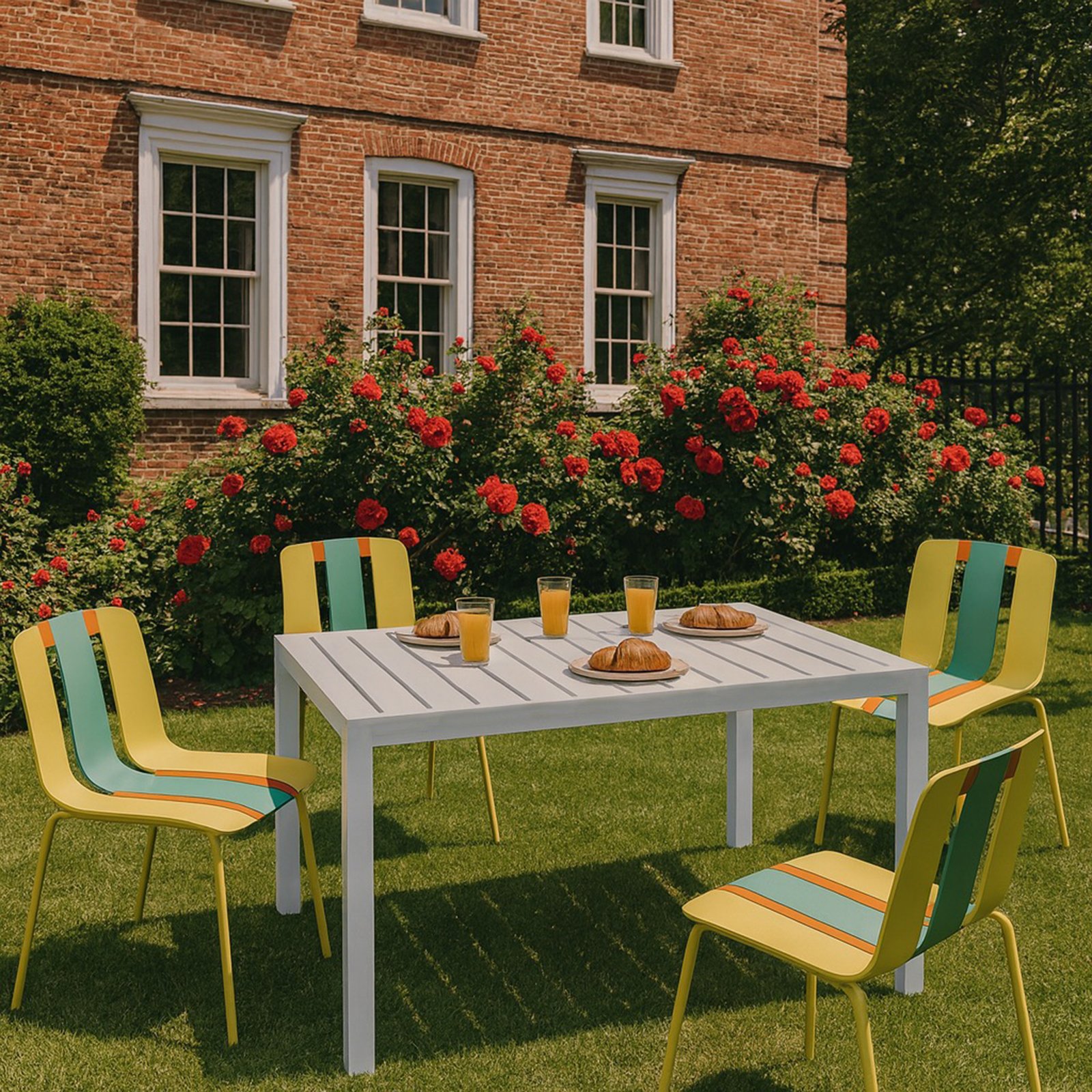 4 Piece Set Of Striped Color Blocking Single Chairs With Long Table - Grain Yellow / Haze Green / Tropical Orange / White - Image 2