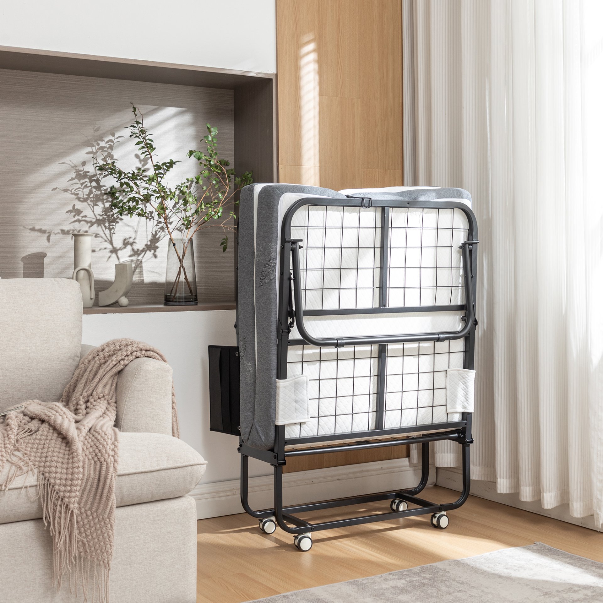 Folding Bed Cot With Mattress, Foldable Metal Frame Bed For Guest With Memory Foam Mattress On Wheels, Saving Space Rollaway Bed - Black - Image 11