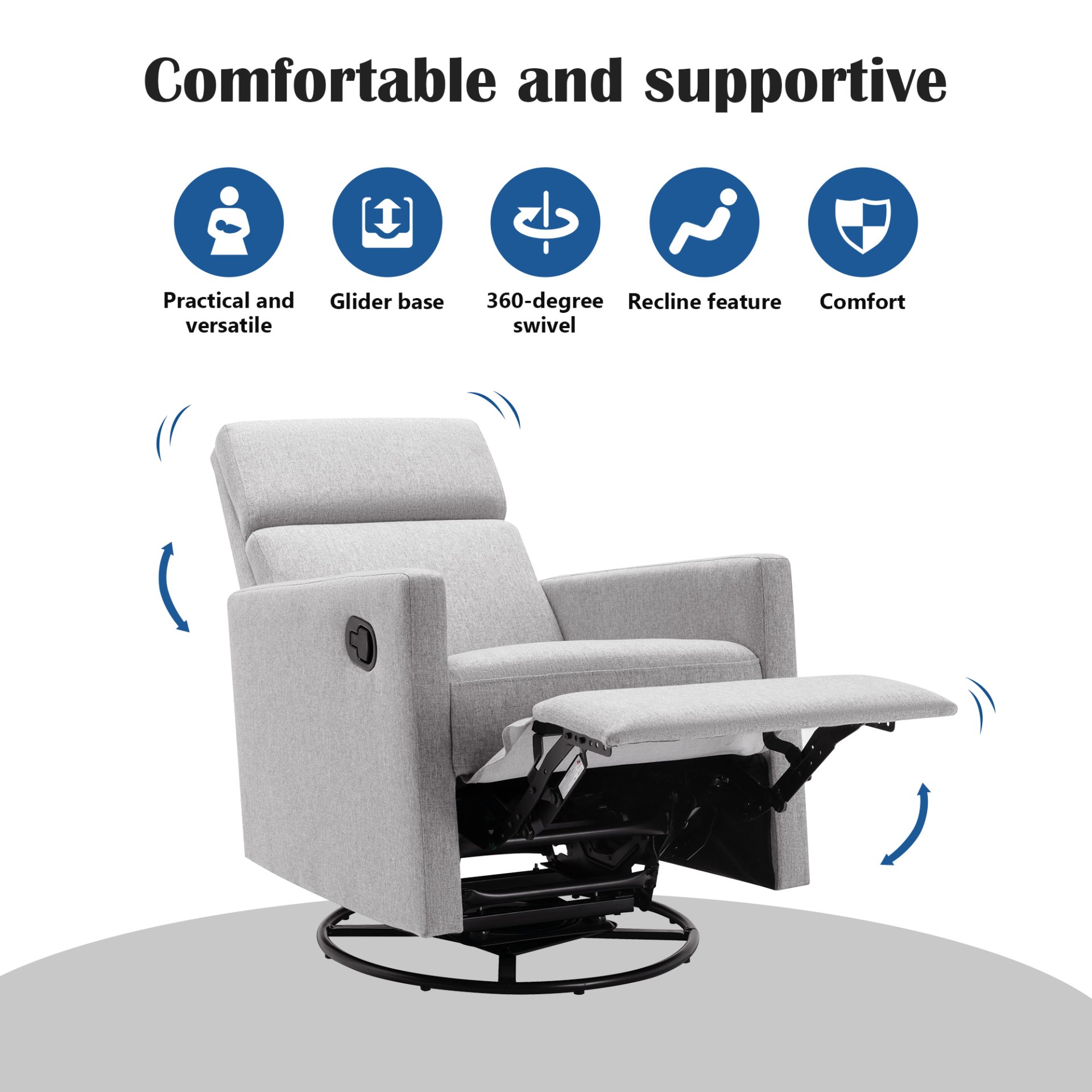 Modern Upholstered Rocker Nursery Chair Plush Seating Glider Swivel Recliner Chair - Gray - Image 6