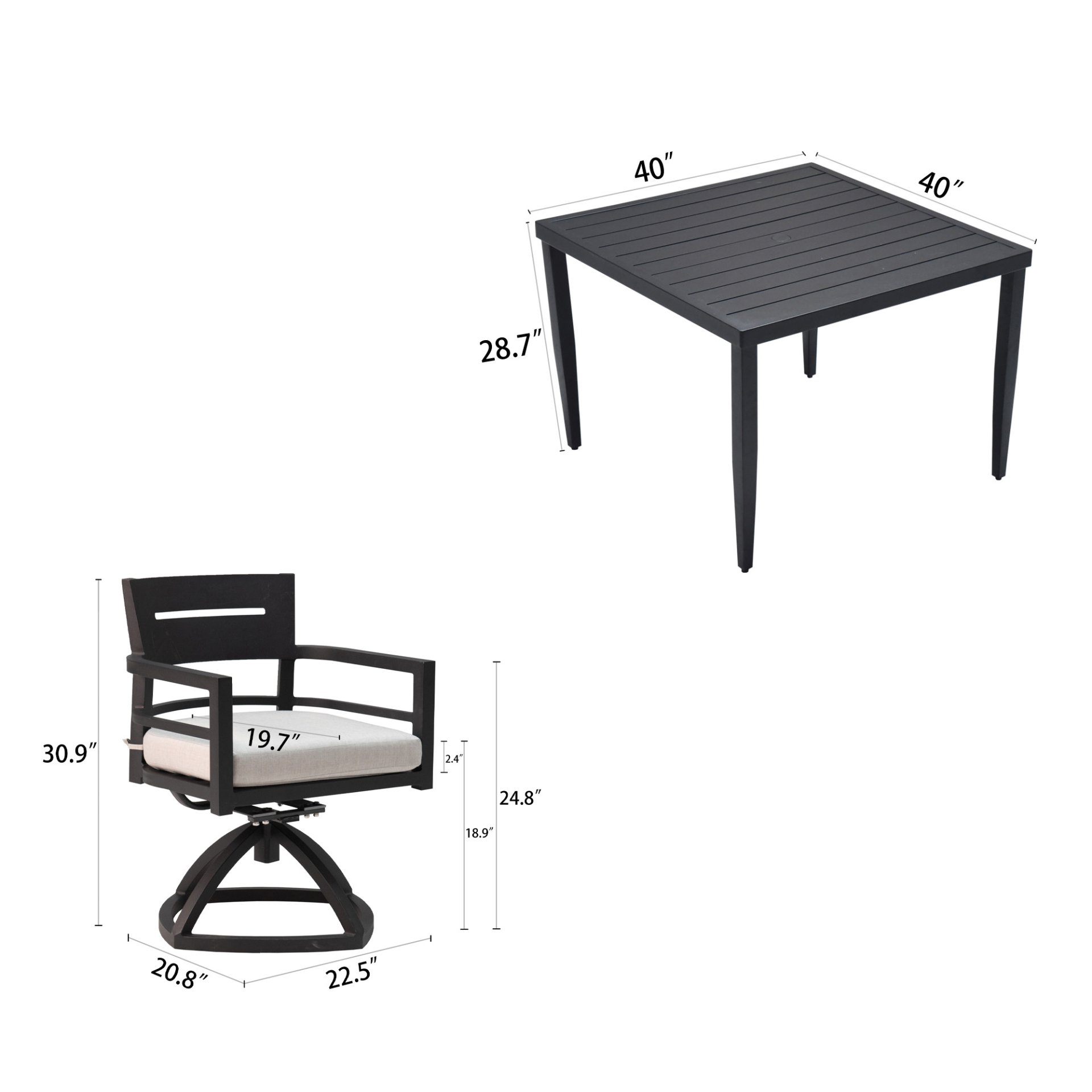 5 Piece Outdoor Patio Furniture, Modern Dining Set, 4 Swivel Chairs Rockers Sunbrella Fabric And Square Dining Table With Umbrella Hole - Ember Black - Image 12