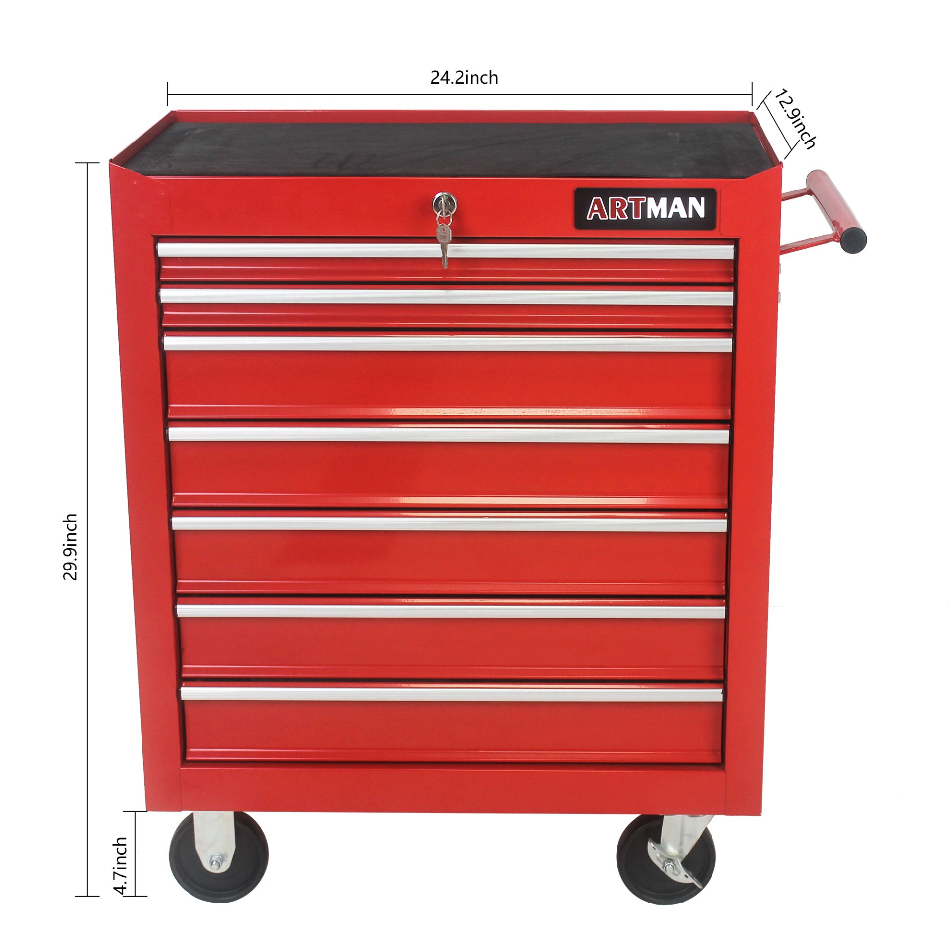 7 Drawers Multifunctional Tool Cart With Wheels - Red - Image 3