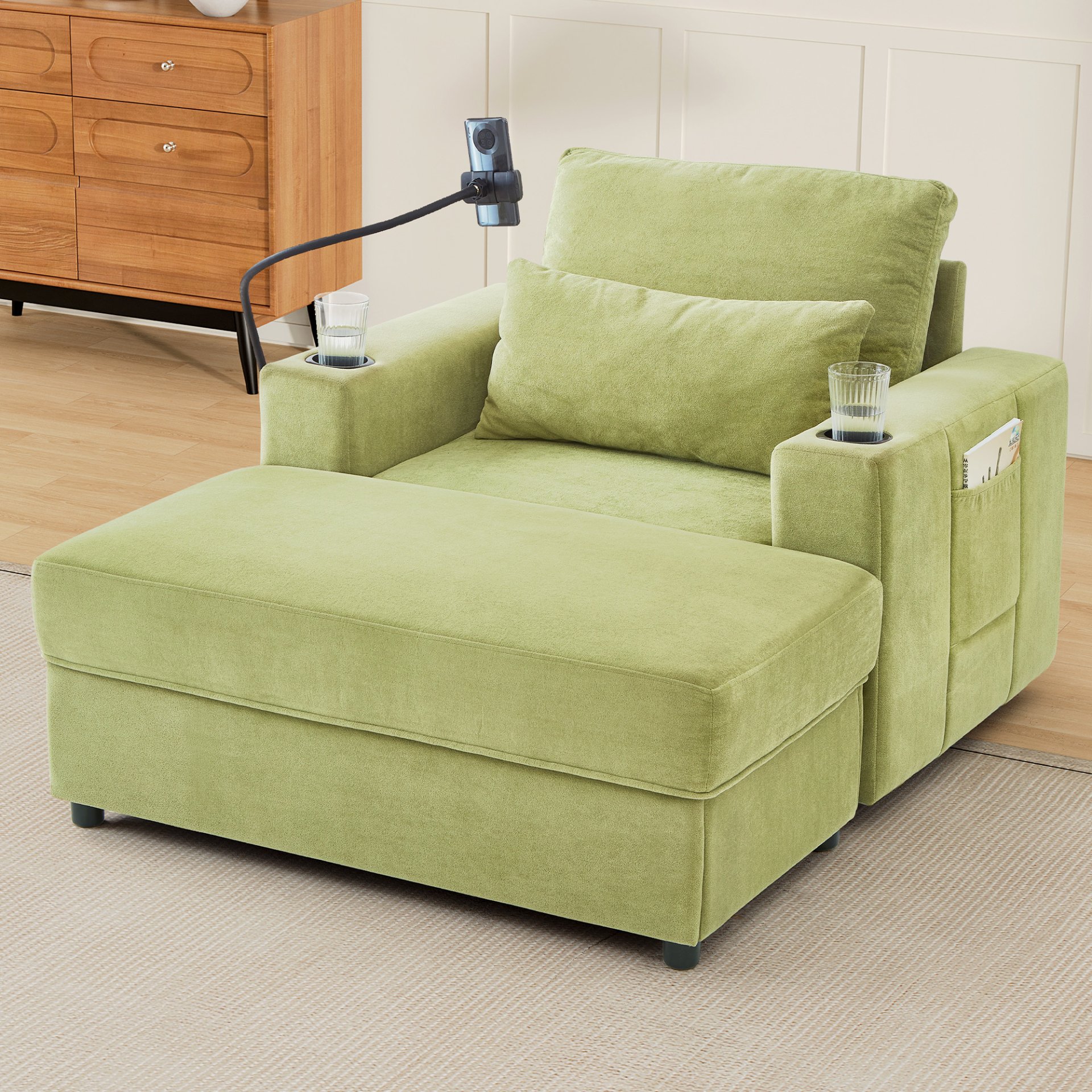 Modern Style Armchair Chaise Lounge Sofa Couch With Movable Storage Ottoman, USB Ports, Cup Holders, Phone Holder, Side Pockets - Green - Image 11