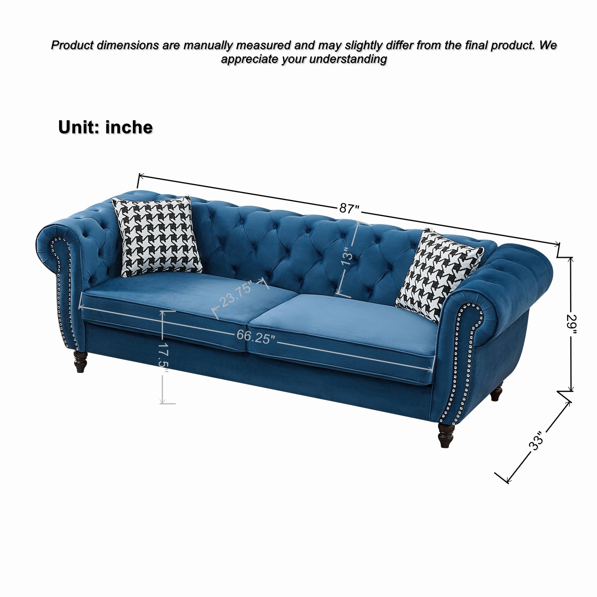 Chesterfield Sofa With Roll Armrest & Nailhead, 3 And 2 Seater - Blue - Image 2