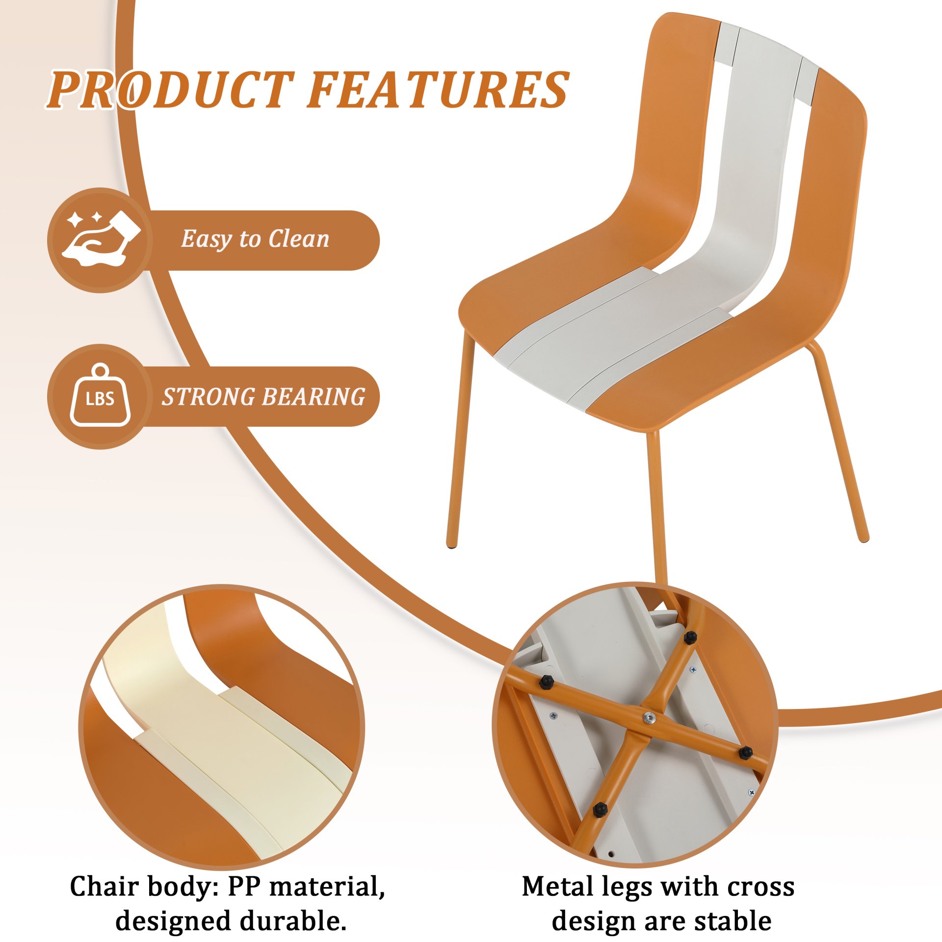 4 Piece Set Of Modern Striped Color Blocking Single Chairs, Waterproof And Fade Resistant - White / Orange - Image 8