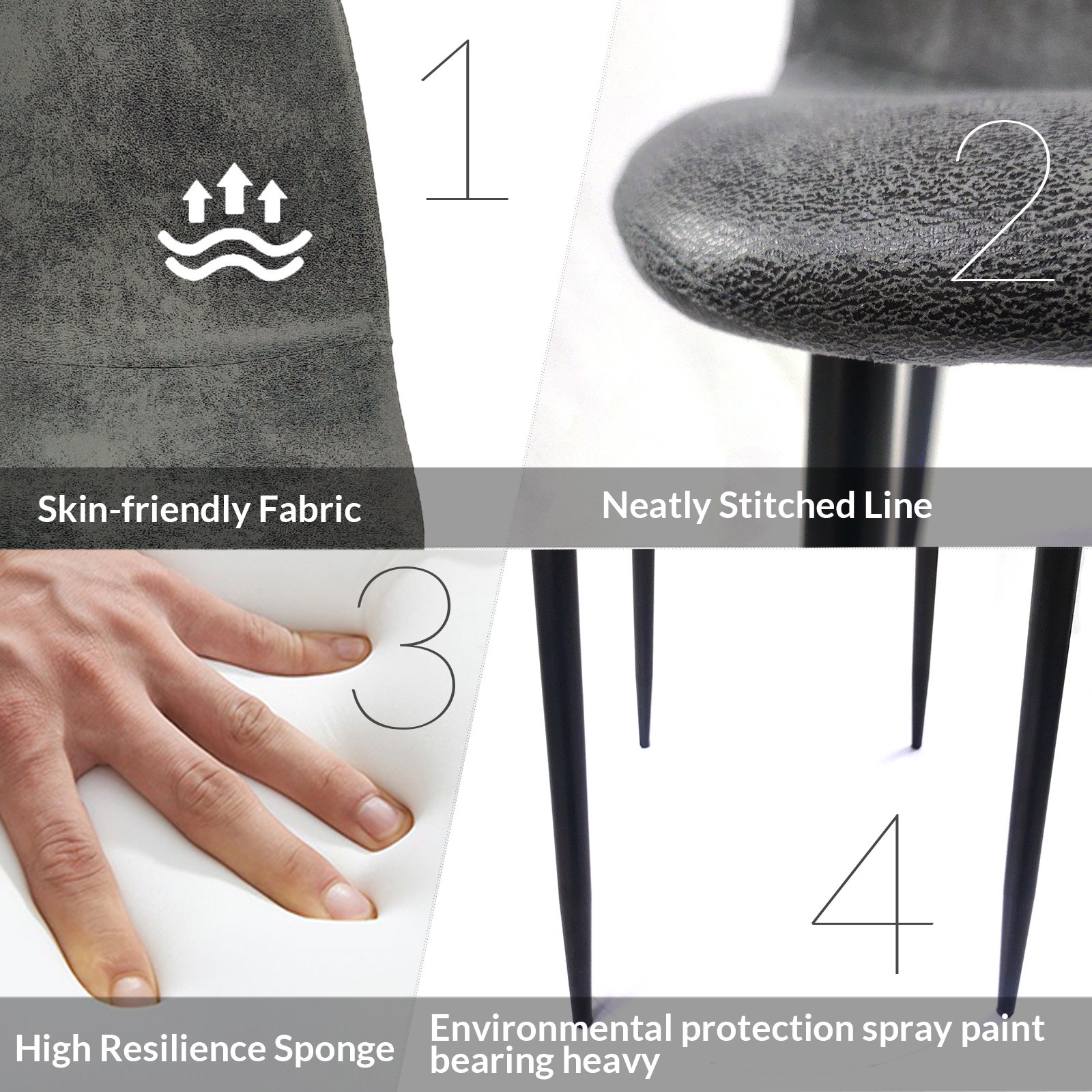 Modern Dining Table Set For 4 With Suede Upholstered Chairs, Round Design - Black / Gray - Image 8