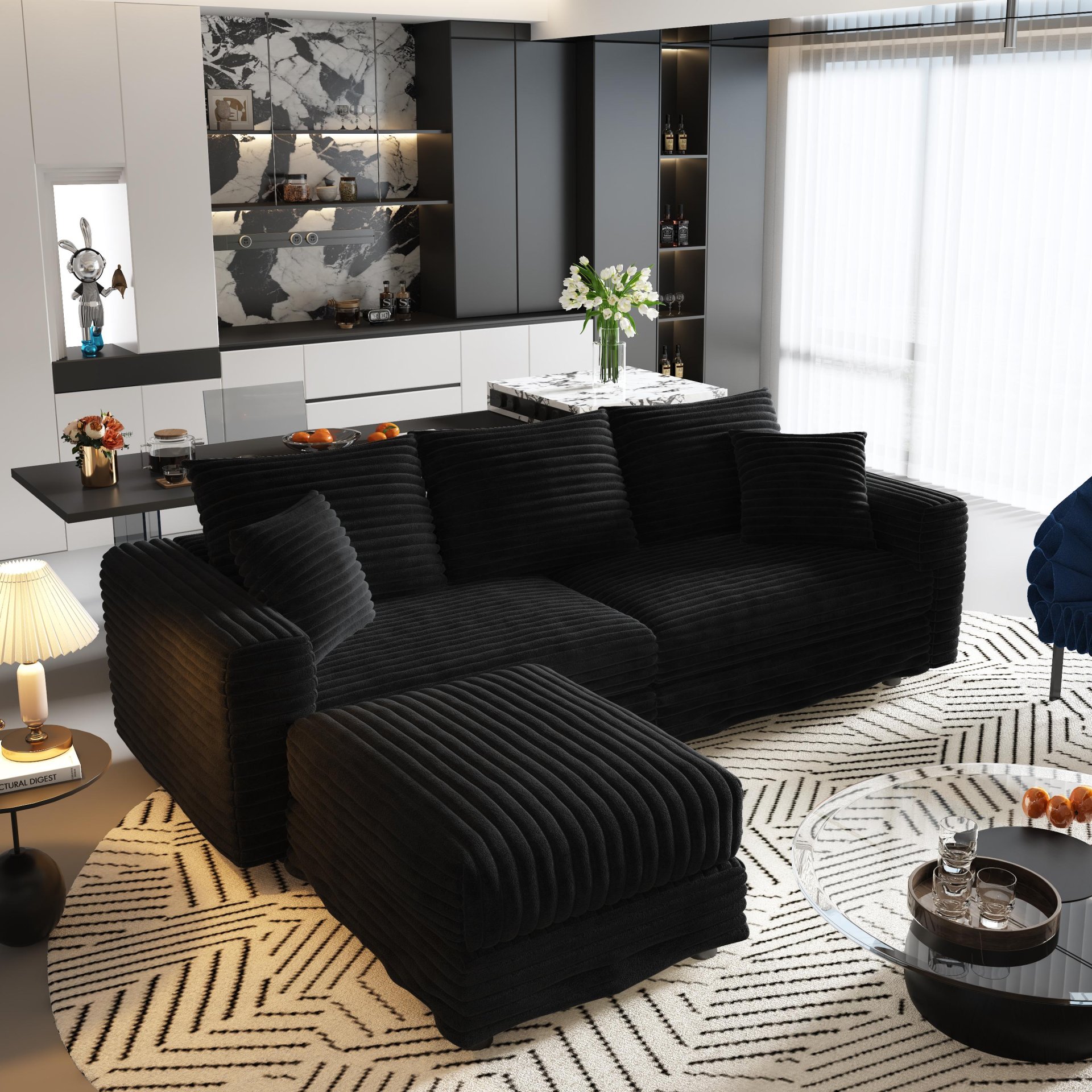 3 Seat Sofa, Deep Seat Couches With Soft Pillows And 1 Ottomans, Convertible Sofa Lounge Chair, For Living Room - Black - Image 9