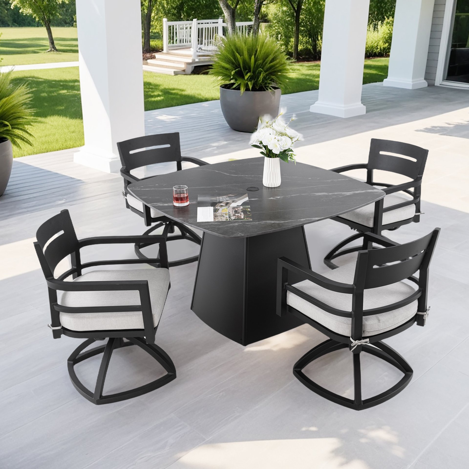 5 Piece Outdoor Pedestal Dining Set, Rounded Square Table With Flared Base And 4 Swivel Rockers - Ember Black - Image 2