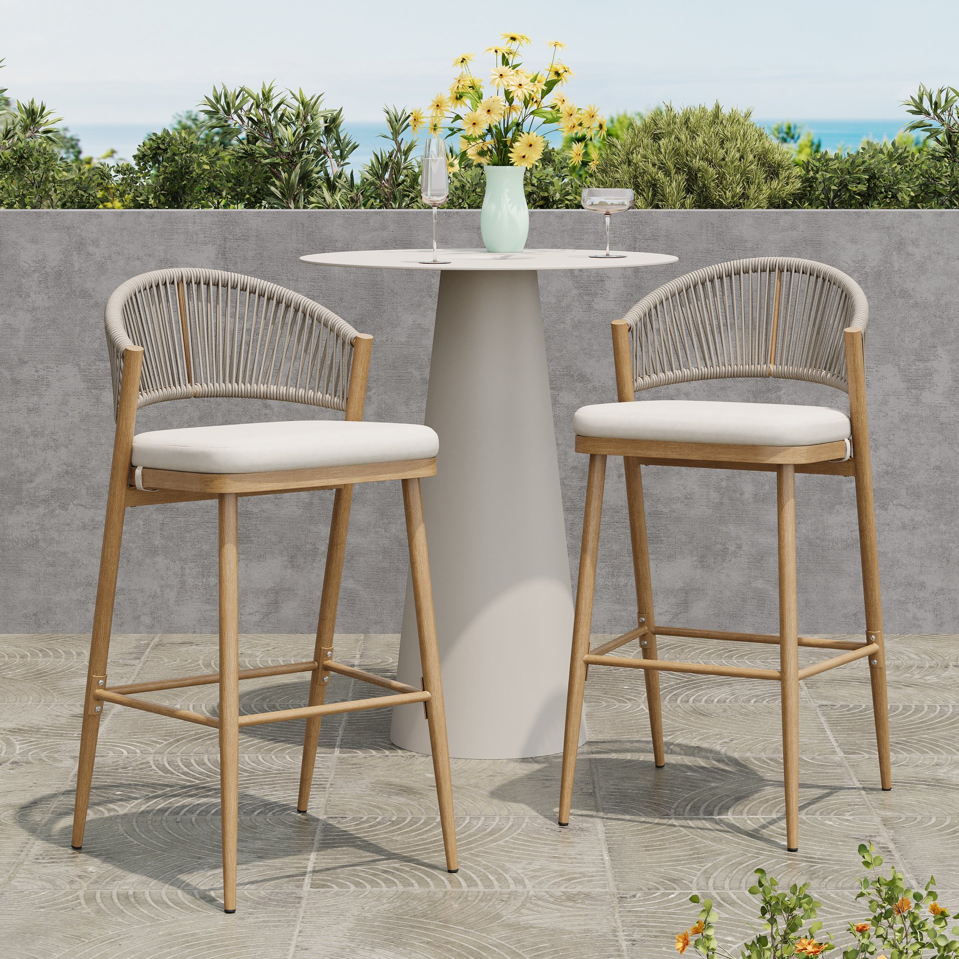 Outdoor Bar Height Aluminum Frame Counter Stools With Scallop Shaped Backrest & Water Resistant Cushions (Set of 2) - Maple - Image 2