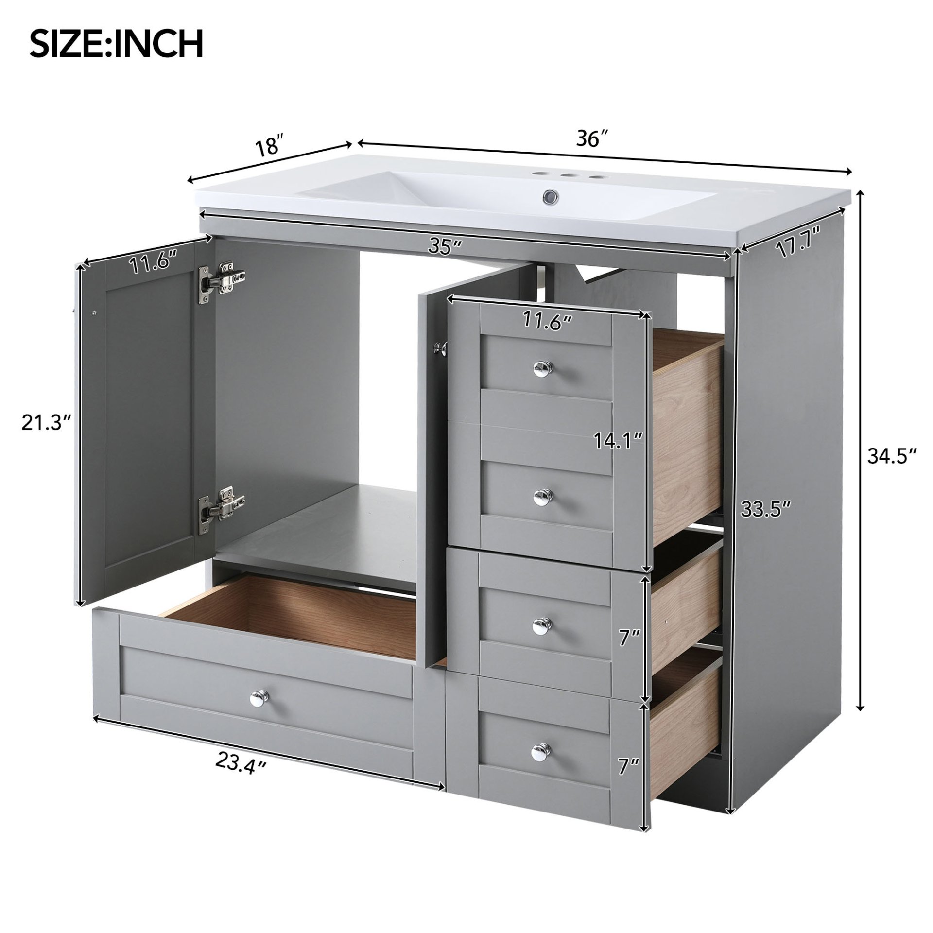 36" Shaker Free Standing Bathroom Vanity Cabinet With Sink, Soft Close Drawers, Soft Close Doors - Gray - Image 3