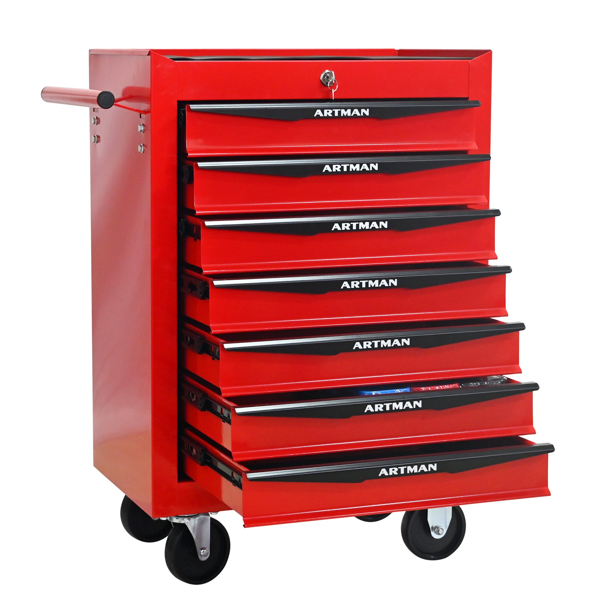 Rolling Metal Tool Chest With 7 Drawers, 20" Steel Storage Cabinet With Ball Bearing Slides - Red / Black - Image 12