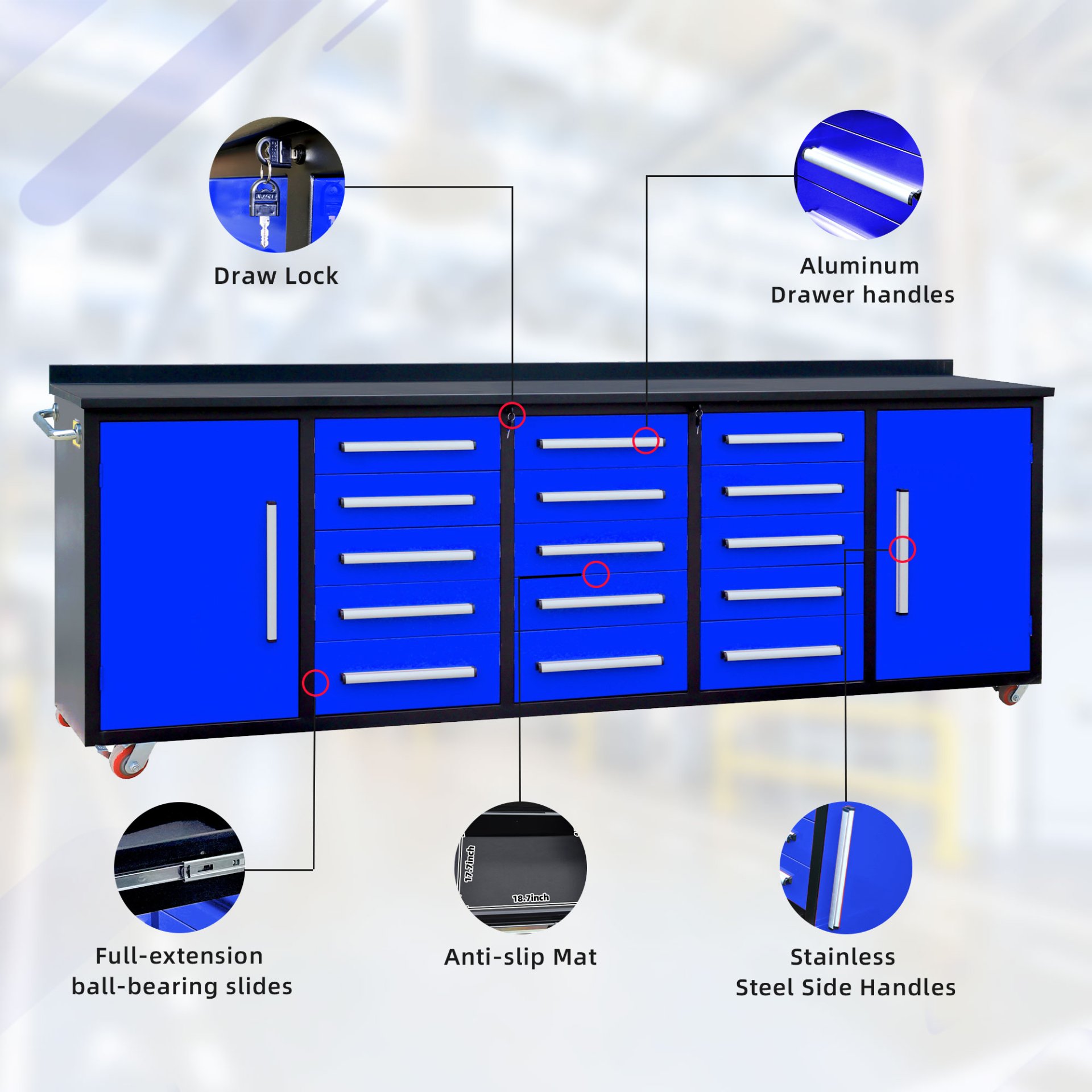 Storage Cabinet With Work Bench (15 Drawers & 2 Cabinets) - Blue - Image 4
