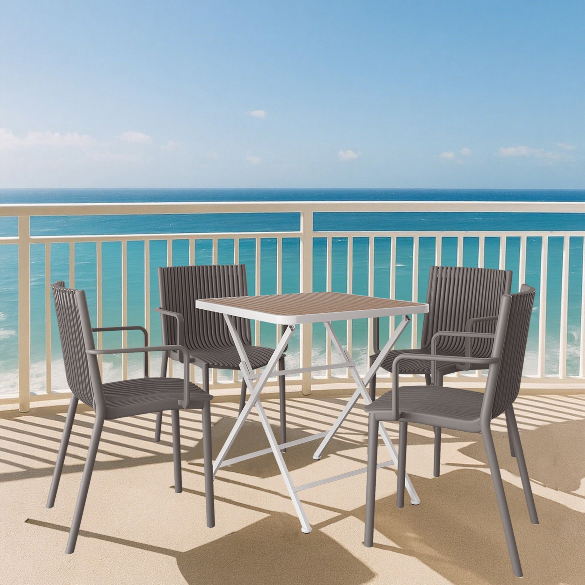 4 Stackable Plastic Armchair Matched With Folding Square Table - Khaki / Warm Grey / White - Image 14