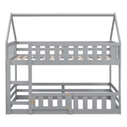 Twin Over Twin House Bunk Bed With Fence And Door - Gray