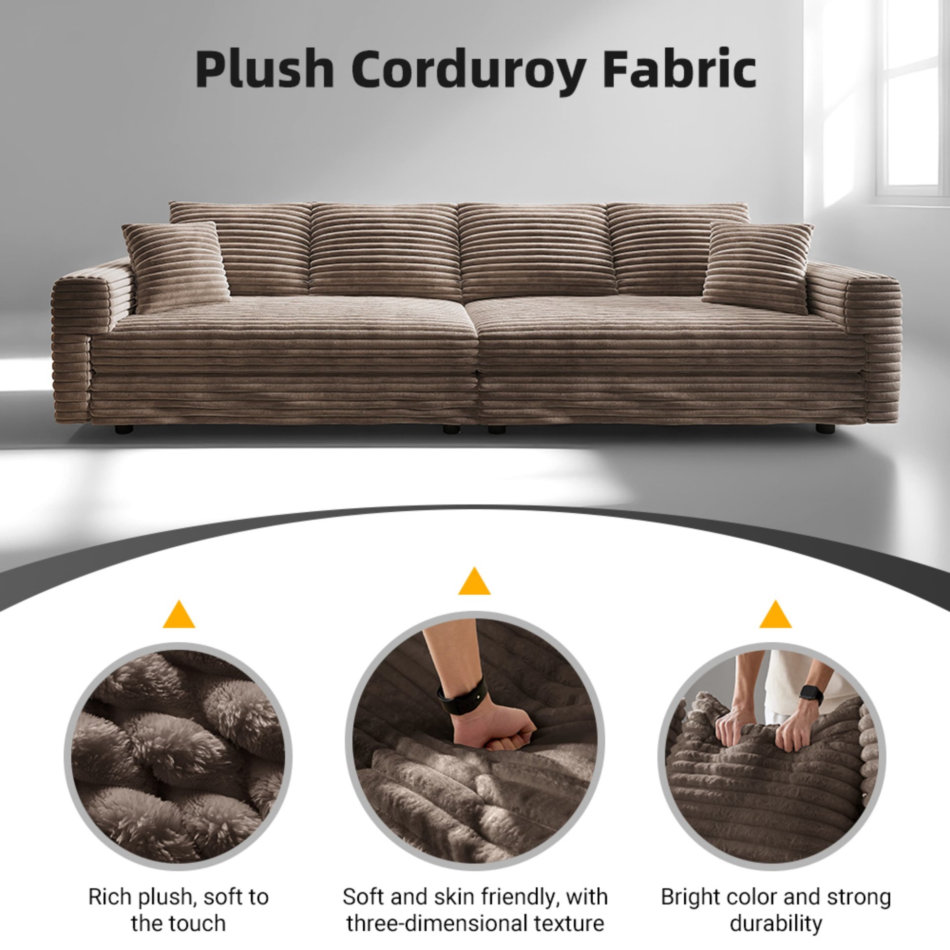 3 Seat Sofa, Convertible Deep Seat Sofa Lounge Chair For Living Room - Camel - Image 3
