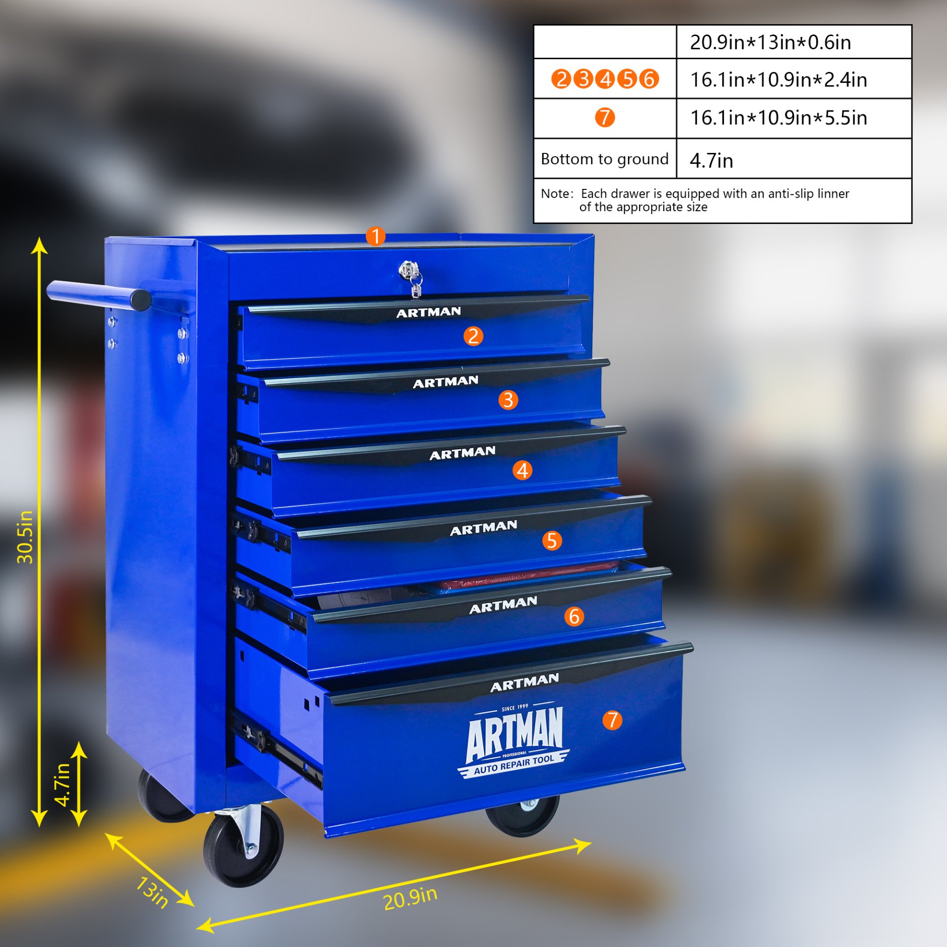 Rolling Metal Tool Chest With 6 Drawers, 20" Steel Storage Cabinet With Ball Bearing Slides - Black / Blue - Image 8