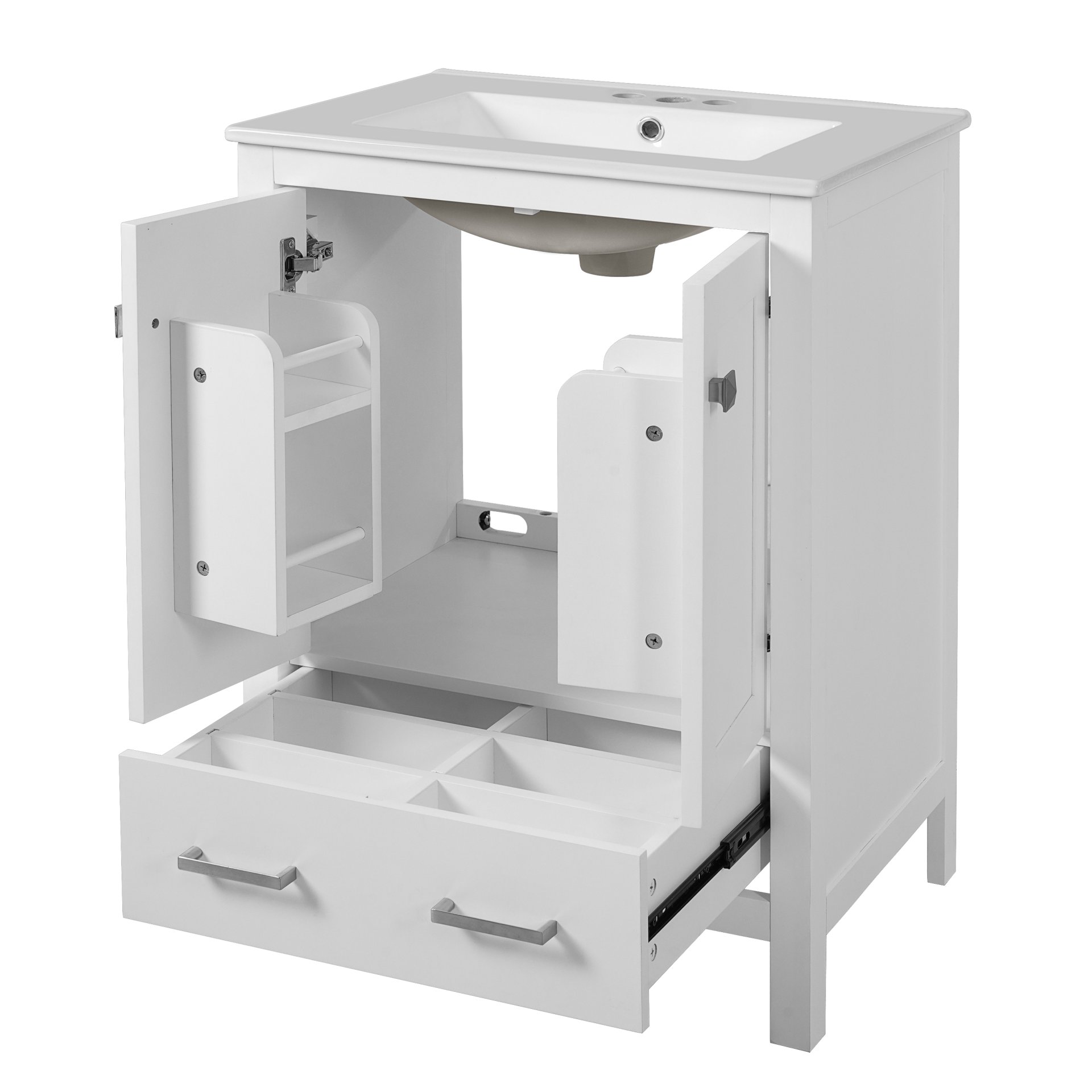 Bathroom Vanity With Integrated Undermount Sinks, Soft Close Doors, Divided Drawer, And Double Layer Shelf - White - Image 14