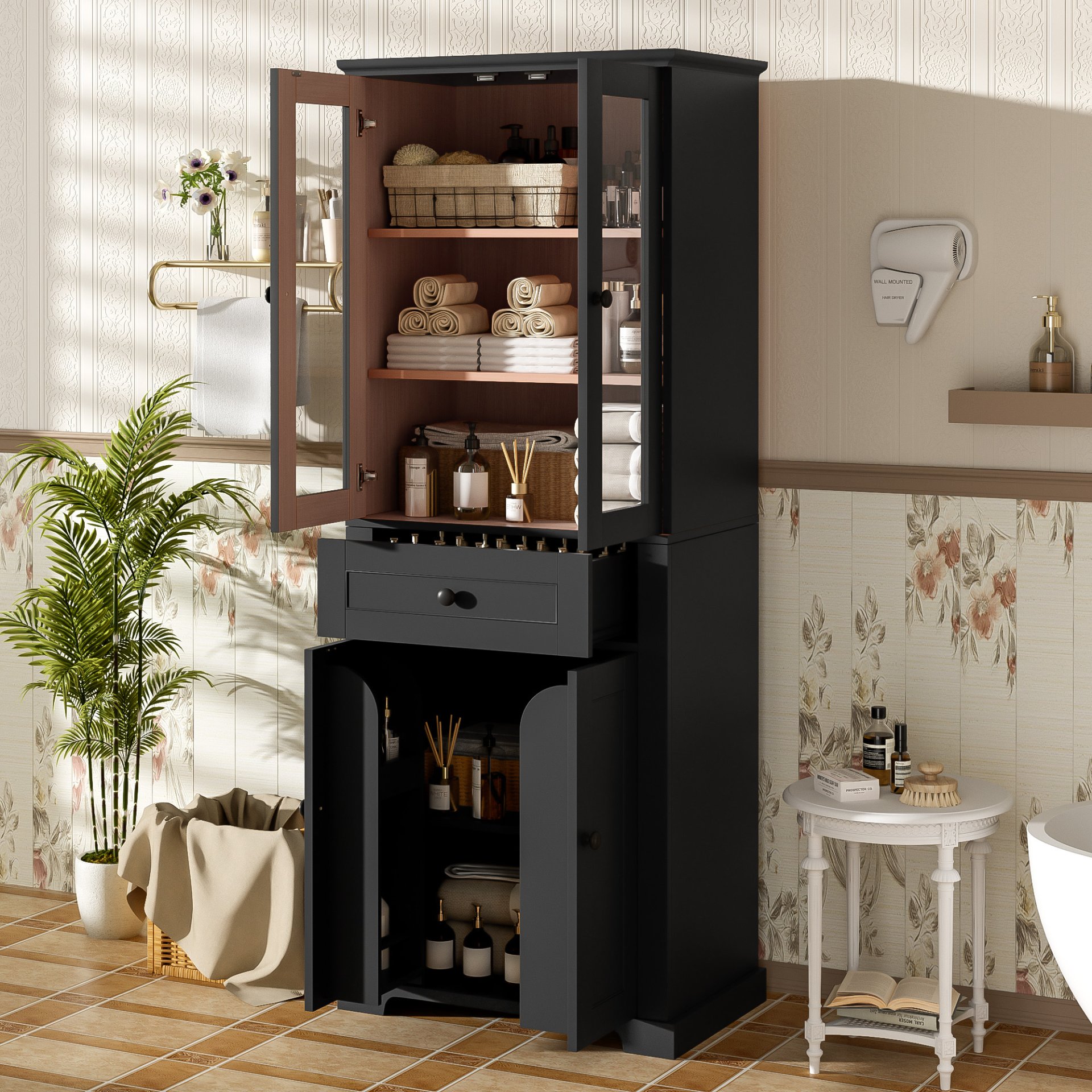 Bathroom Storage Cabinet, Adjustable Shelves & Drawer, Freestanding Linen Tower - Black - Image 4