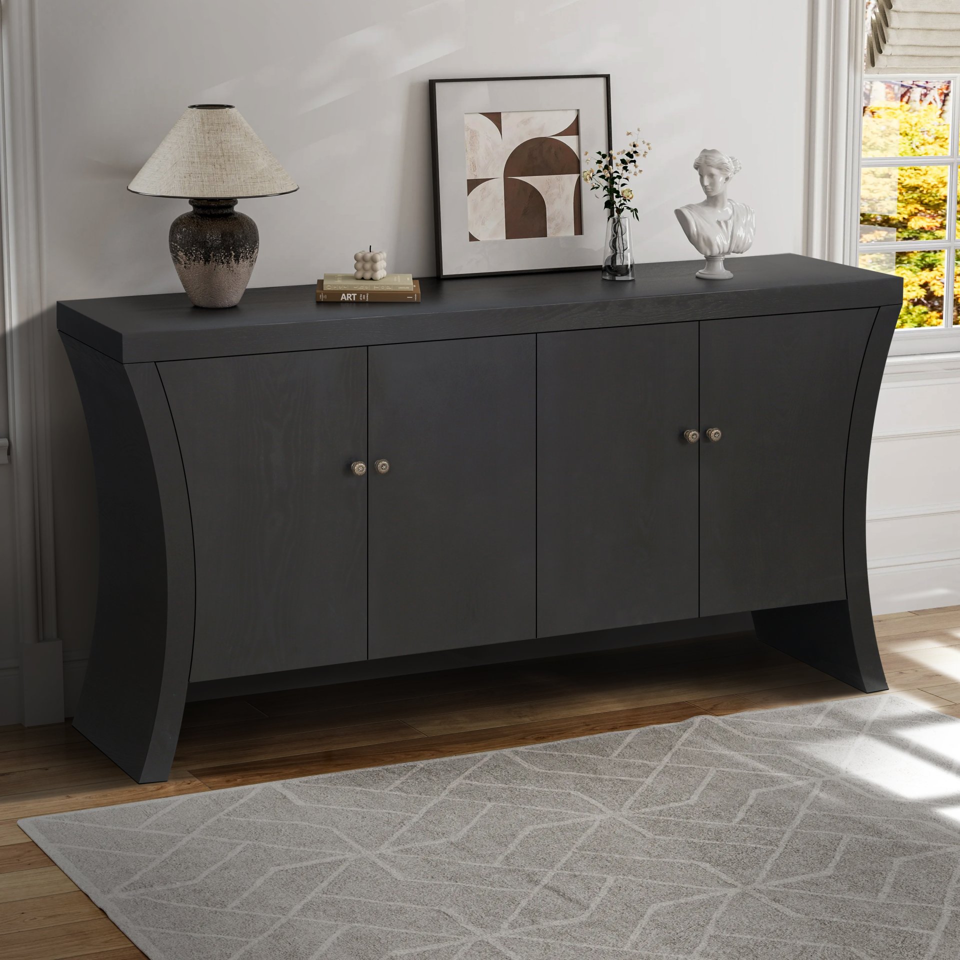 Refined 4 Door Credenza With Arc Legs & Bronze Clasps, Advanced Storage Design - Black - Image 6