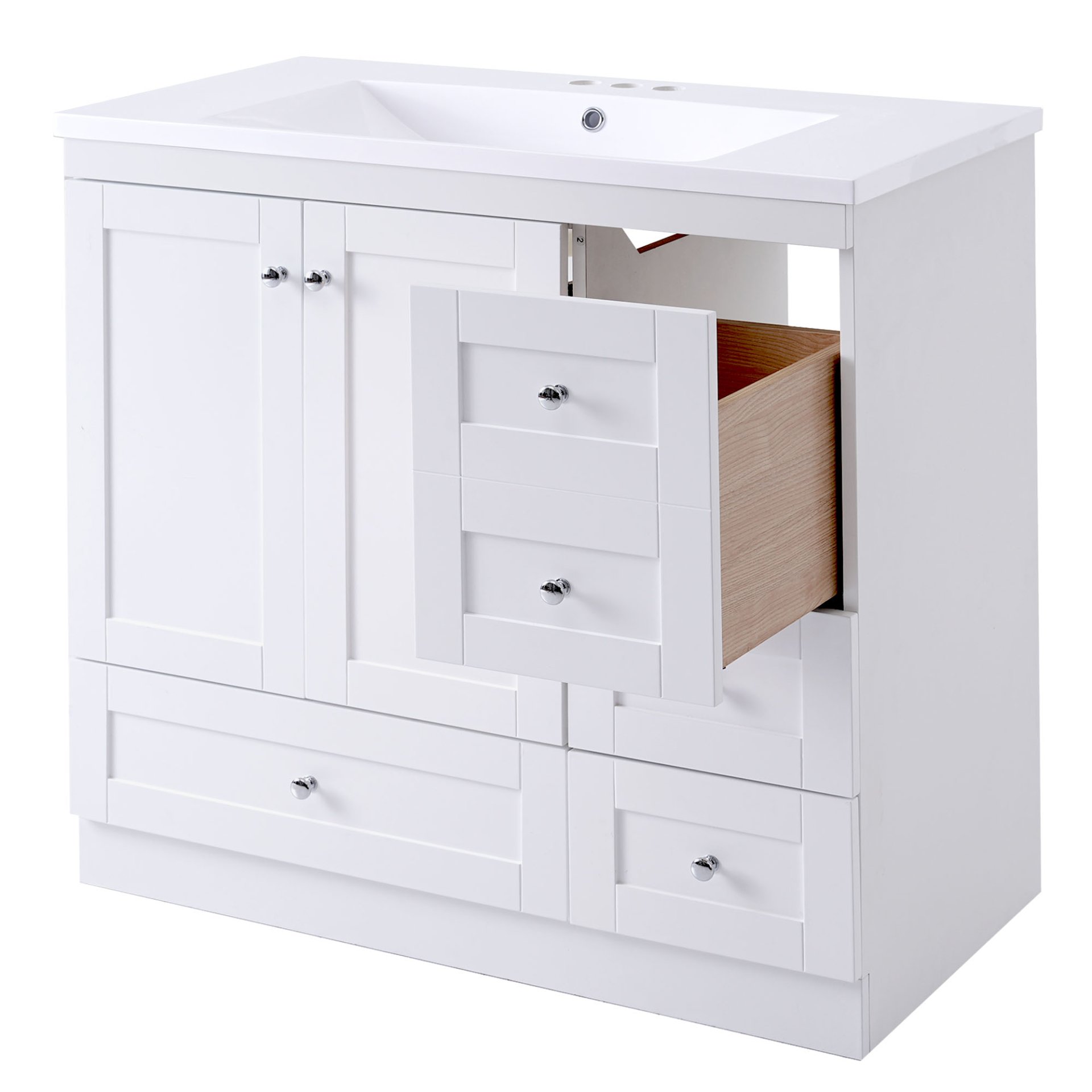 Shaker Style Free Standing Bathroom Vanity Cabinet With Sink, 4 Soft Close Drawers And 2 Soft Close Doors - White - Image 14