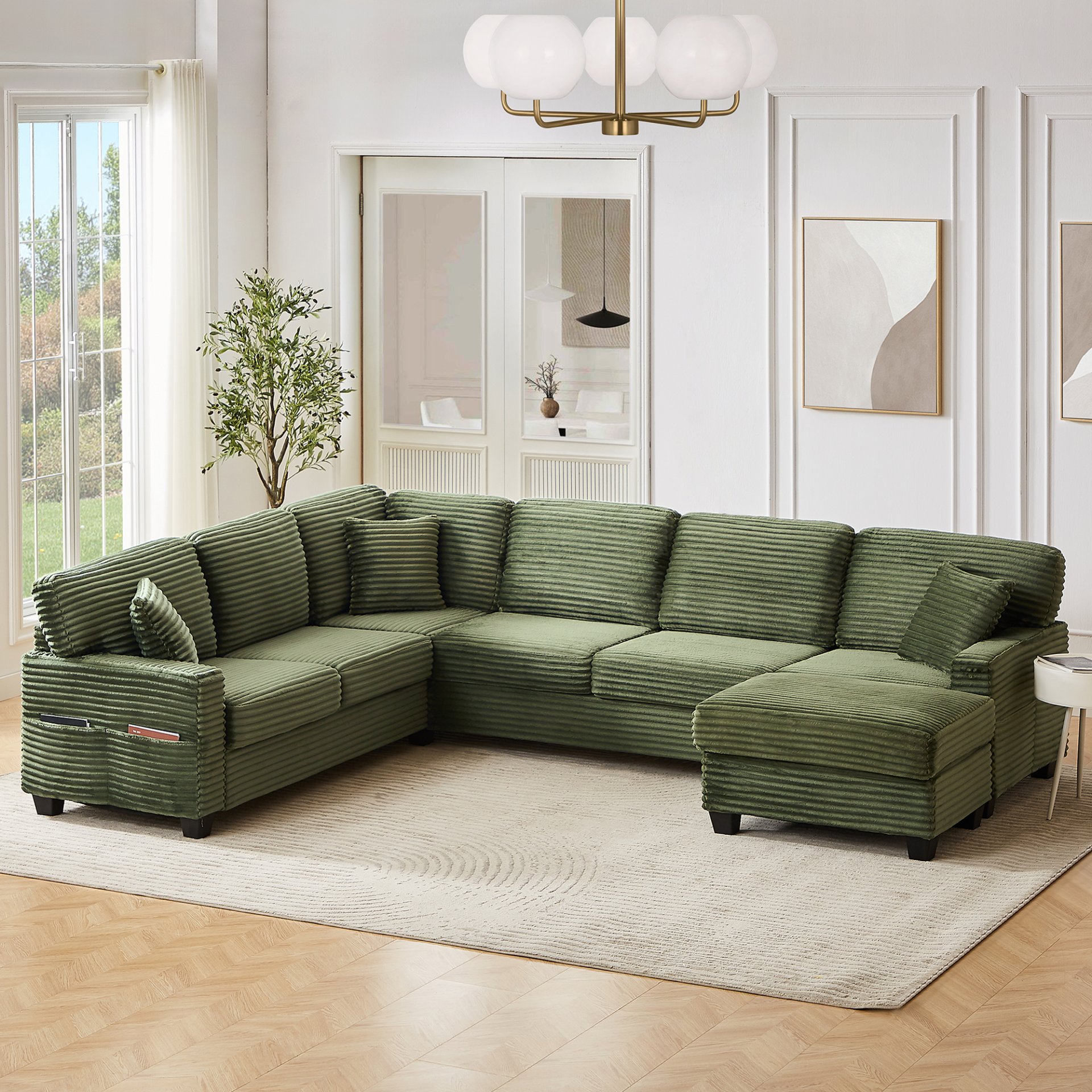 Modern Sectional Sofa U Shaped With Movable Ottoman And Side Storage Pockets Corduroy - Green - Image 3