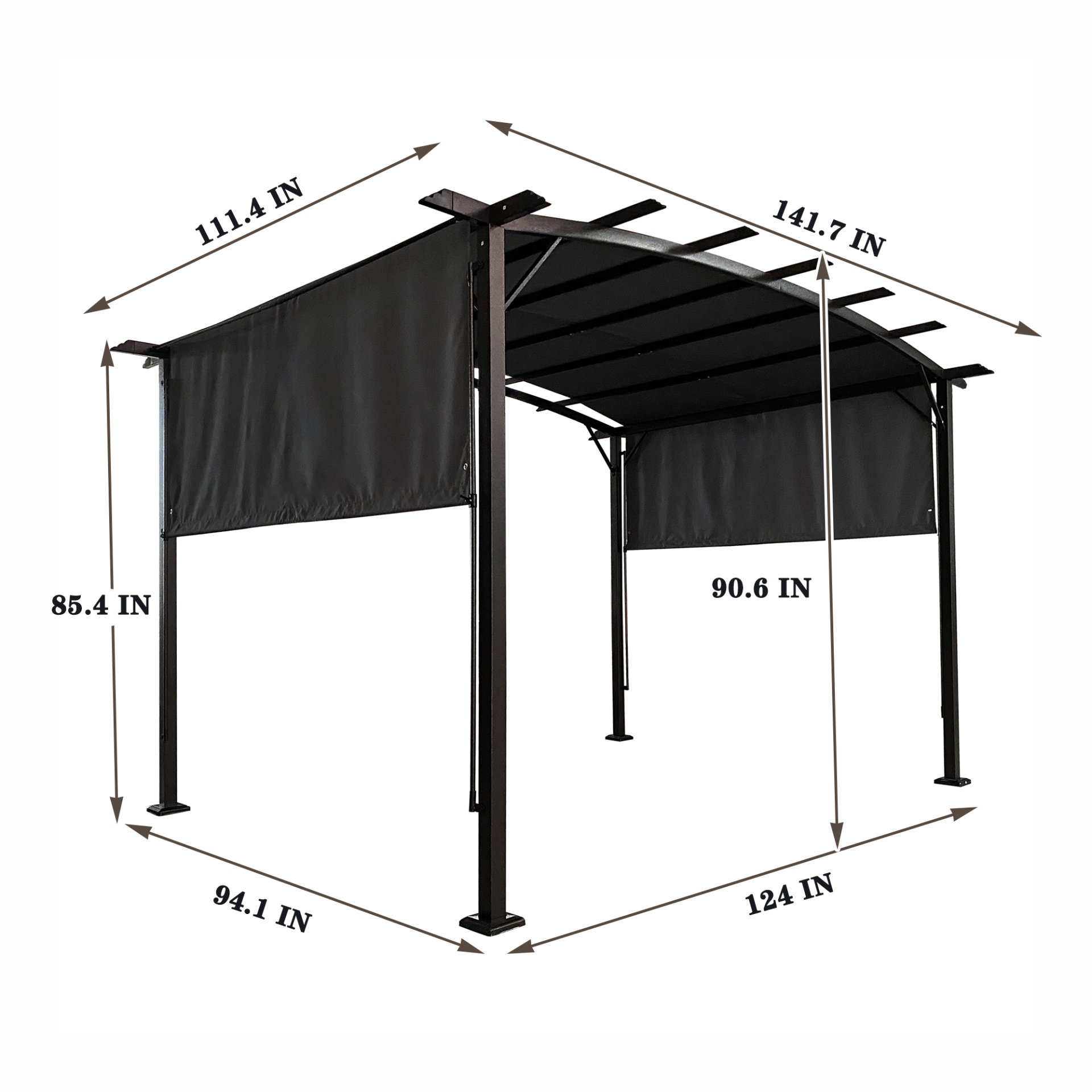 12 X 9 Ft Outdoor Patio Pergola Gazebo Steel Frame Sun Shelter With Retractable Canopy For Garden Or Backyard - Gray - Image 3