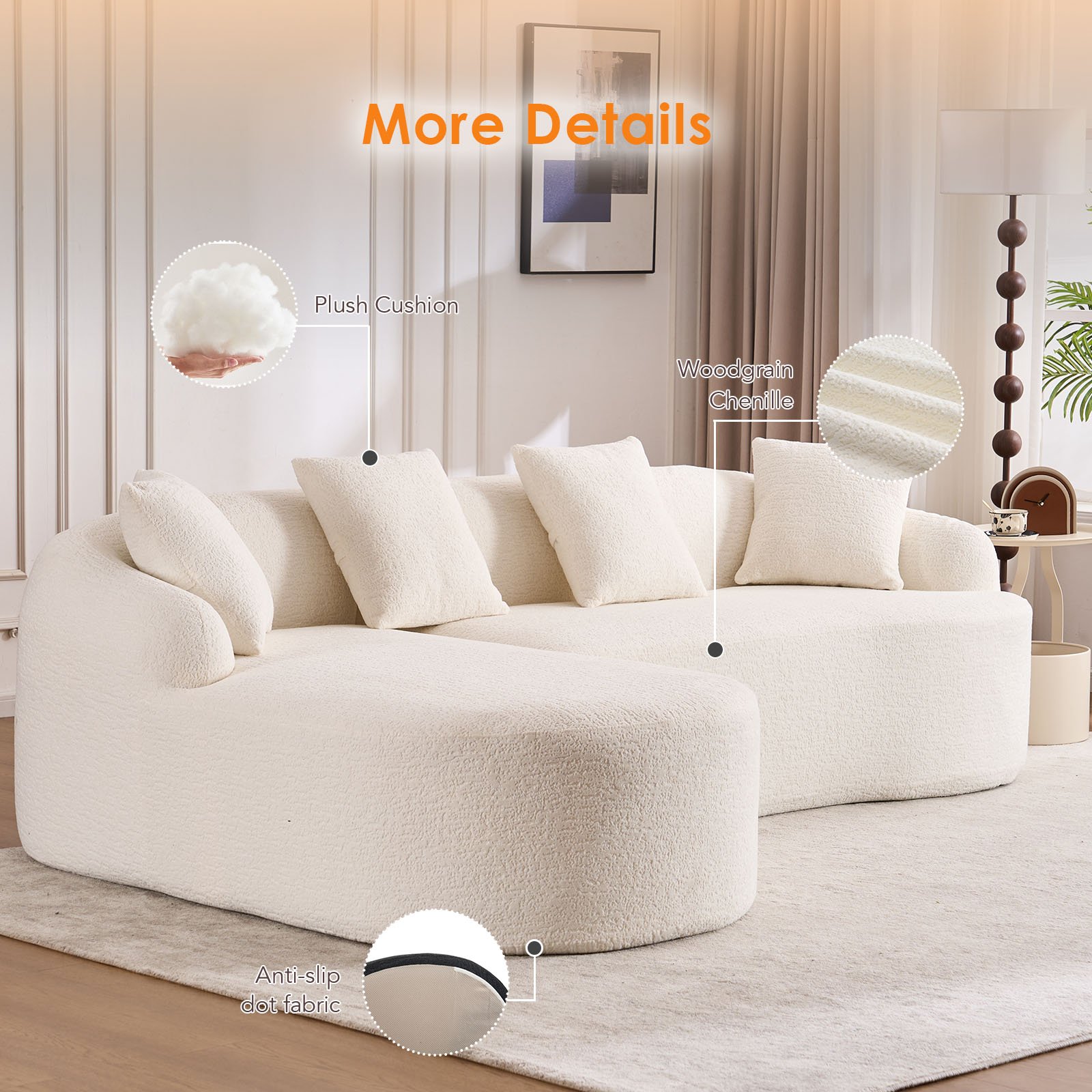 Compression Sofa: Combining Chaise Longue With 3 Seater, Wood Grain Chenille Fabric, Full Sponge Compression Sofa, Combined Sofa With 4 Pillows For Living / Home Furniture / Apartment - White - Image 6