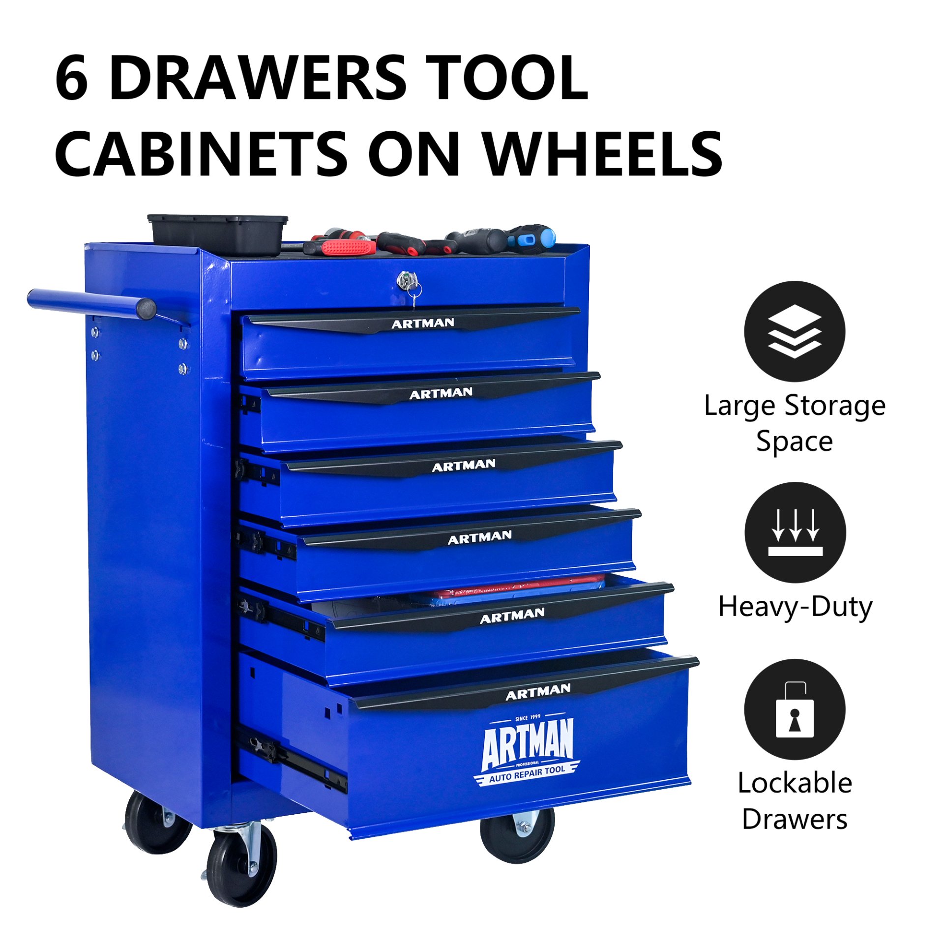 Rolling Metal Tool Chest With 6 Drawers, 20" Steel Storage Cabinet With Ball Bearing Slides - Black / Blue - Image 4