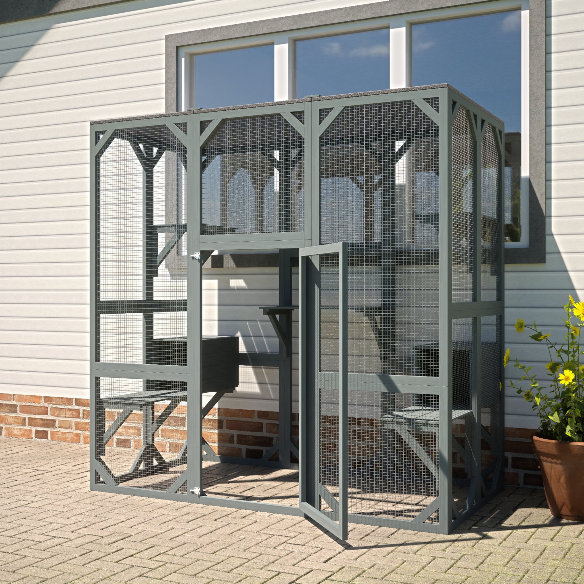 Outdoor Cat House Wooden Catio Enclosure With Cover - Large Cat Cage With Jump Platforms And Condos, Weatherproof - Gray - Image 4