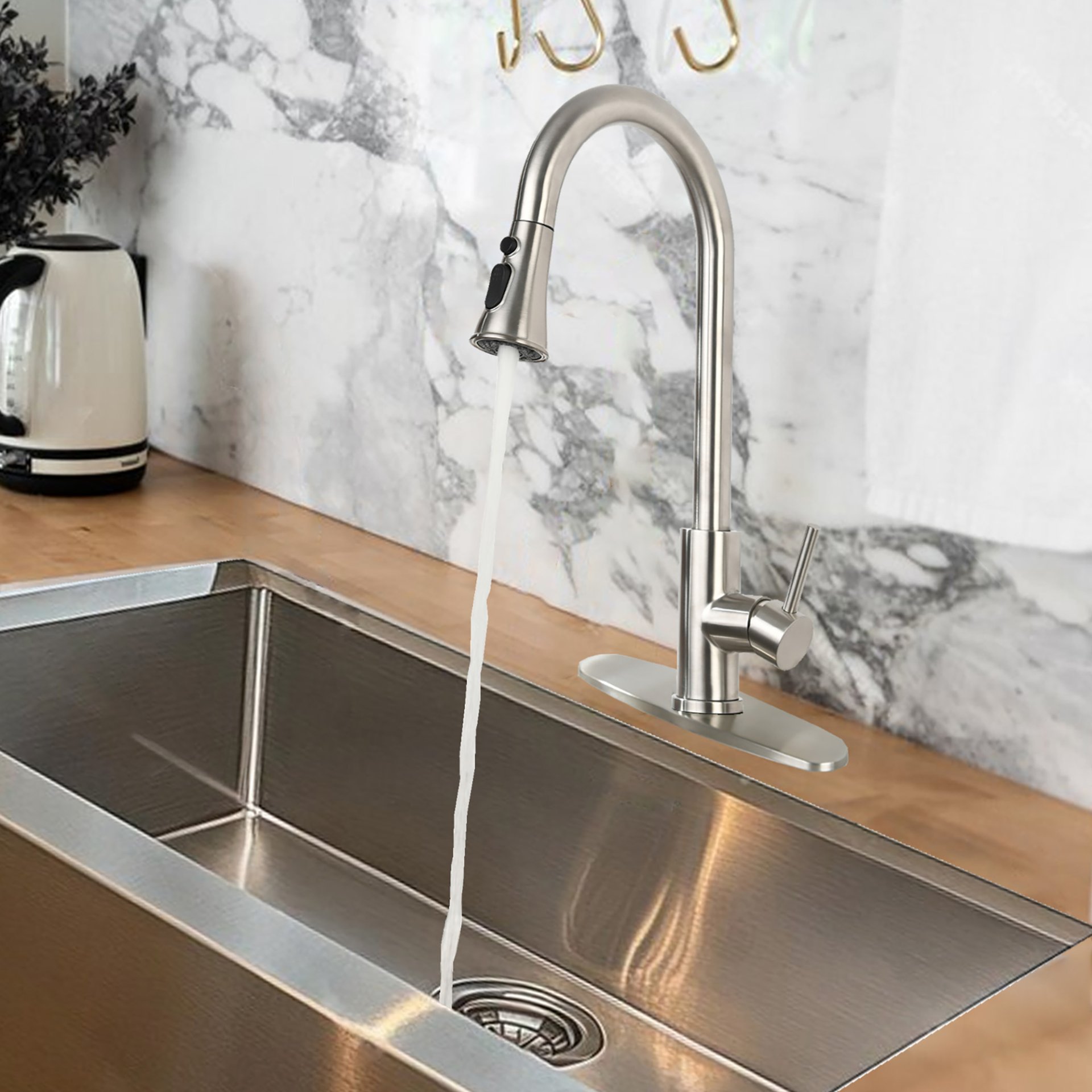 Classic High Arc Kitchen Faucet With Pull Down Sprayer, Stainless Steel - Brushed Nickel - Image 8