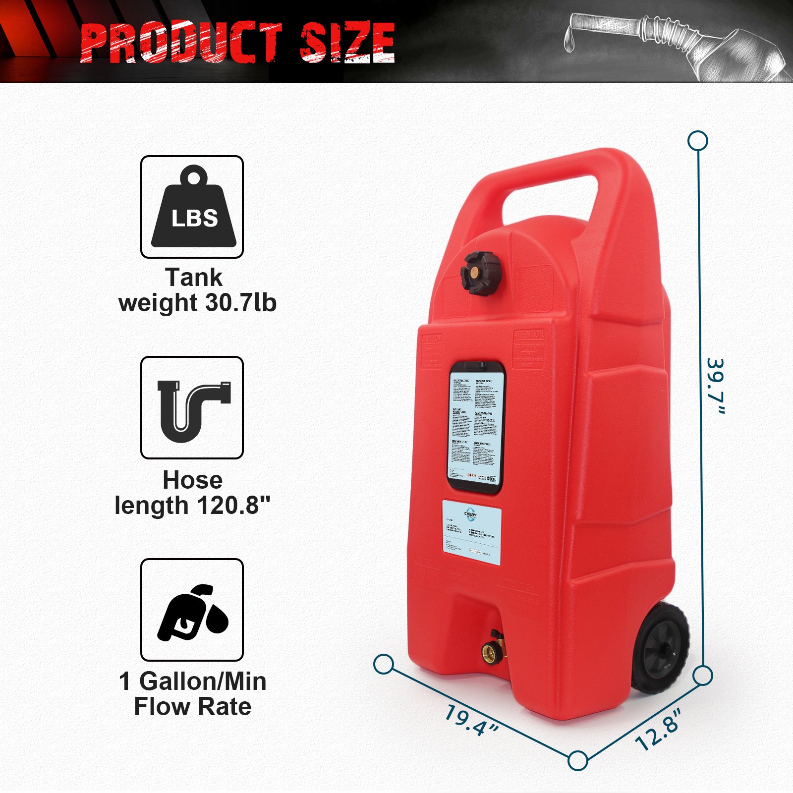 34 Gallon Gas Caddy With Wheels Fuel Transfer Tank Gasoline Diesel Can Fuel Storage Tank For Automobiles ATV Car Mowers Tractors Boat Motorcycle - Red - Image 5