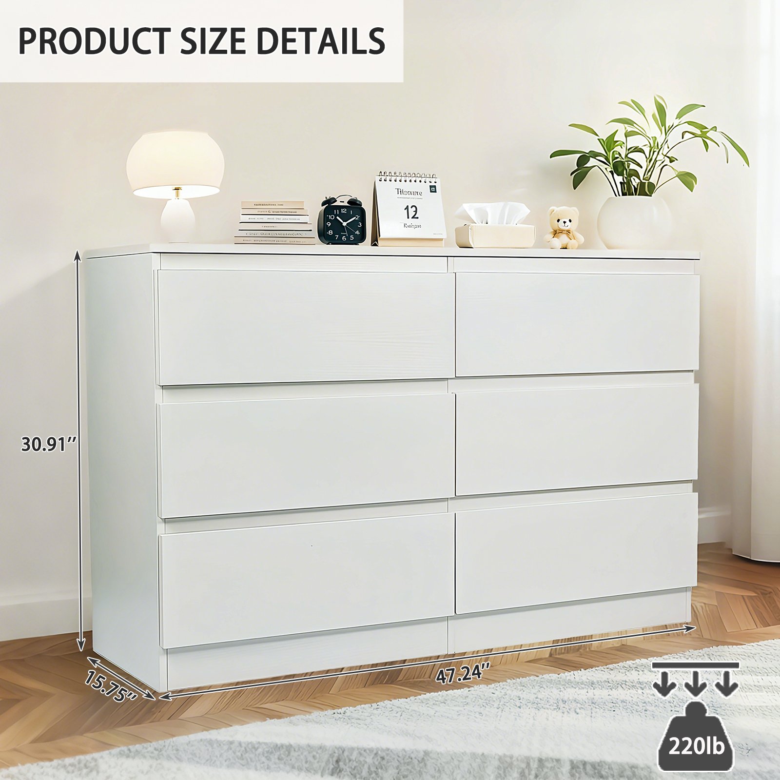 Modern 6 Drawer Dresser With Spacious Countertop And Concealed Handles, Storage Cabinet For Bedroom And Living Room - White - Image 7