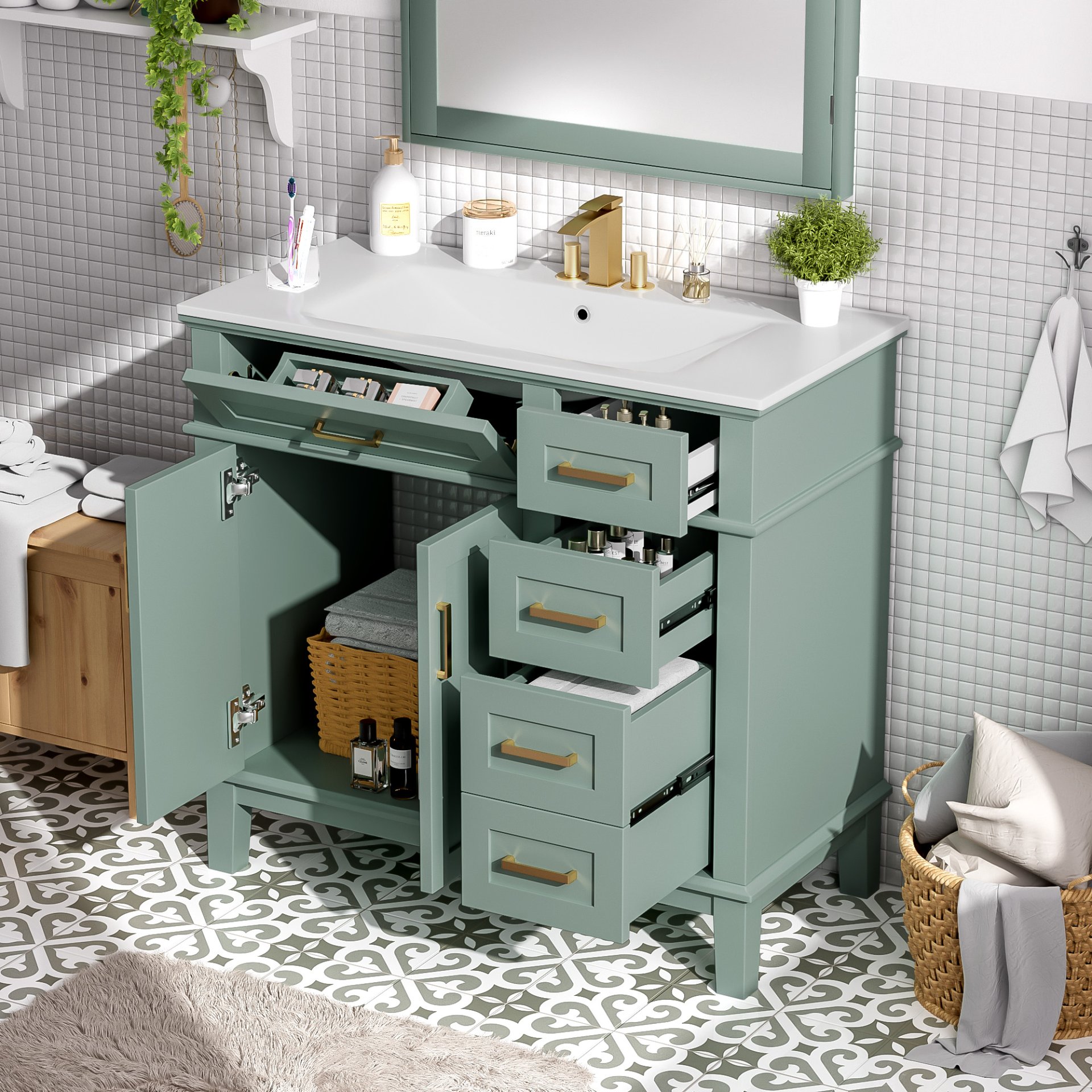 36" Bathroom Vanity With Sink, Soft Close Doors, And Storage Drawers - Green - Image 6