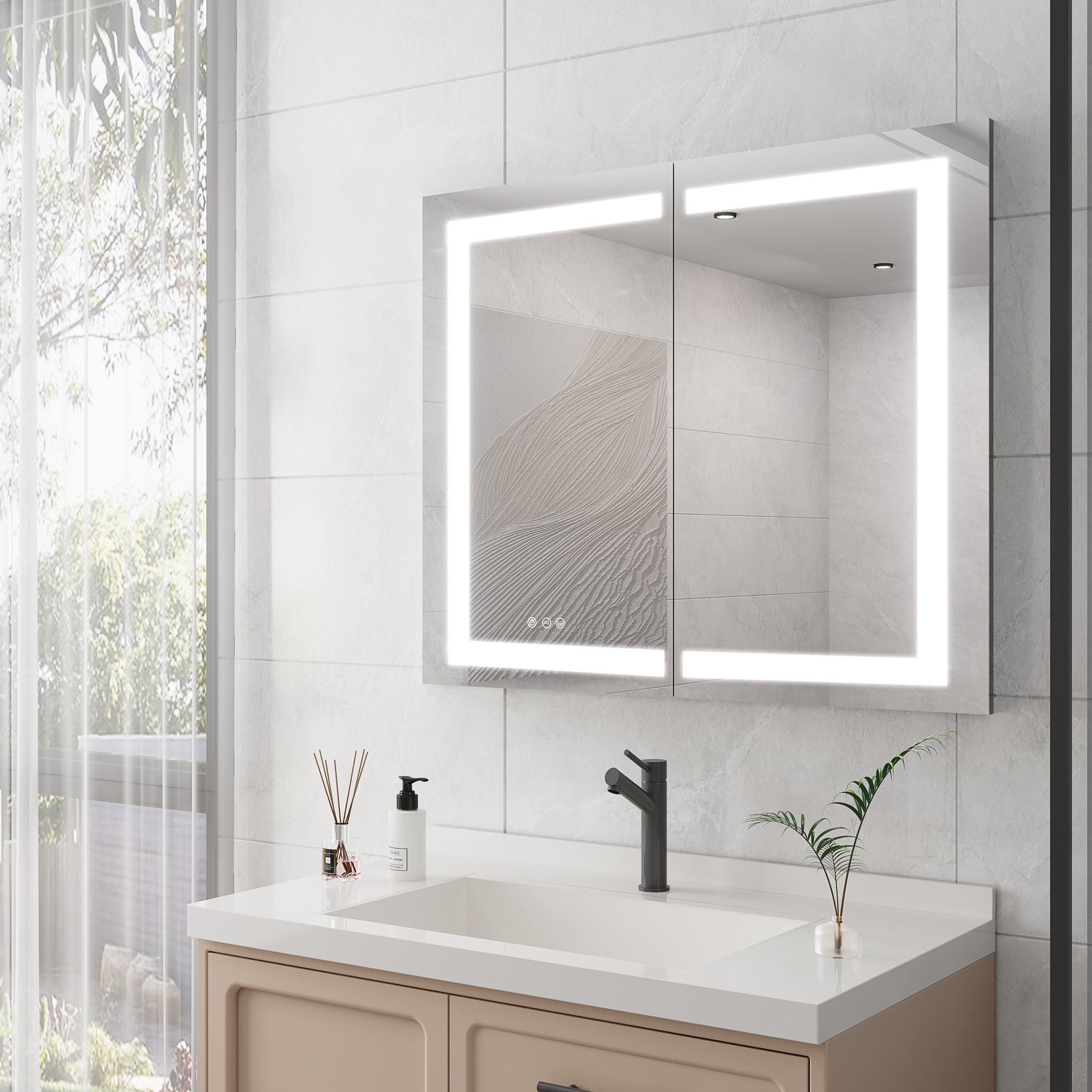 36" X 30" Medicine Cabinet With LED Vanity Mirror, Anti-Fog, Recessed Or Surface Mount, Waterproof, Dimmable, Aluminum 3000K~6000K Lighted Double Door Bathroom Cabinet With Touch Switch - Silver - Image 9
