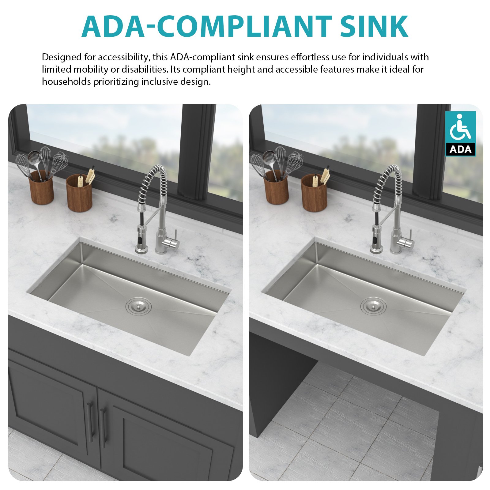 Ada-Compliant Undermount Kitchen Sink, Low Depth Single Bowl - Brushed Nickel - Image 5