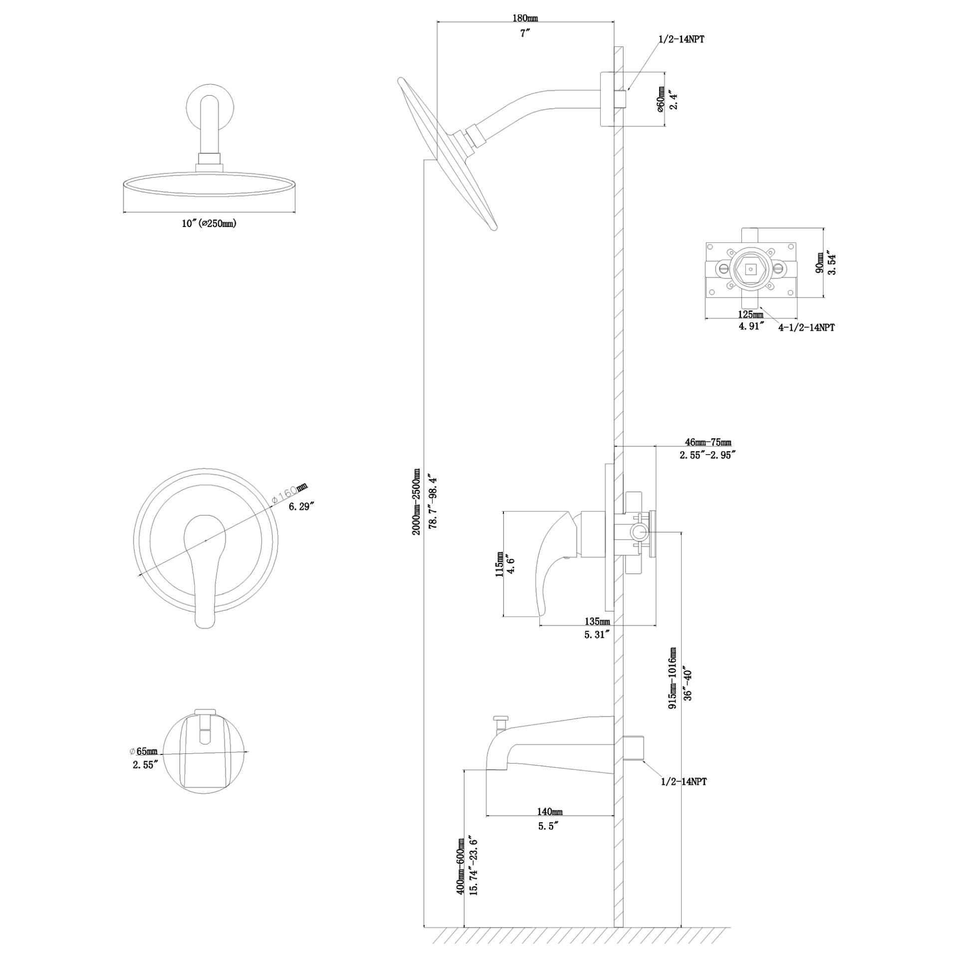 10" Round Rain Shower Head System With Waterfall Tub Spout, Wall Mounted, Stainless Steel - Brushed Nickel - Image 3
