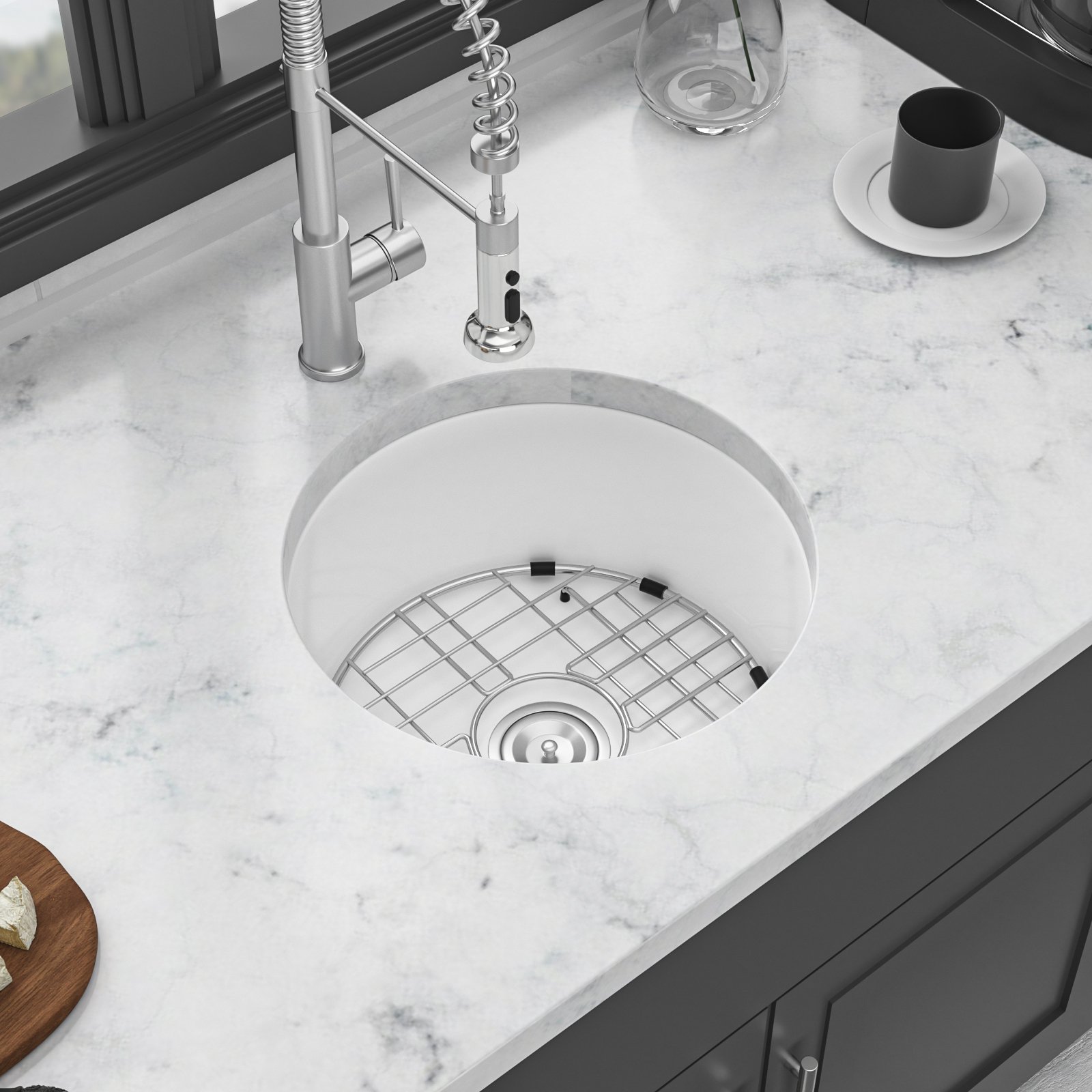 Ceramic Circular Kitchen Sink With Drain Assembly And Bottom Grid, 18" Dual Mount - White - Image 2
