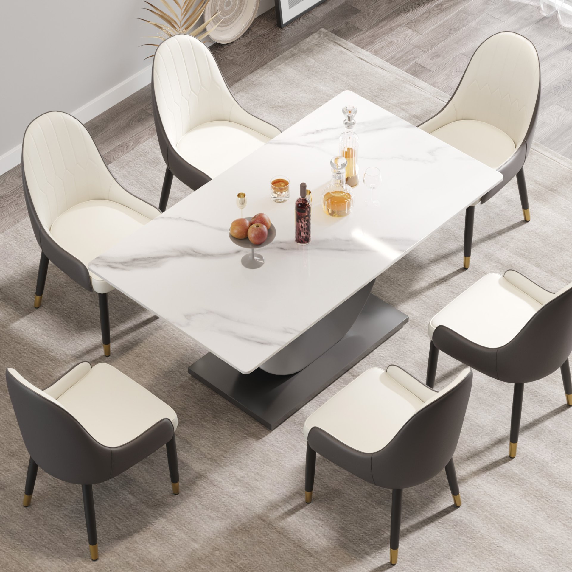 63" Modern Artificial Stone Crescent-Shaped Metal Legs, Can Accommodate 6-8 People - White / Black - Image 4