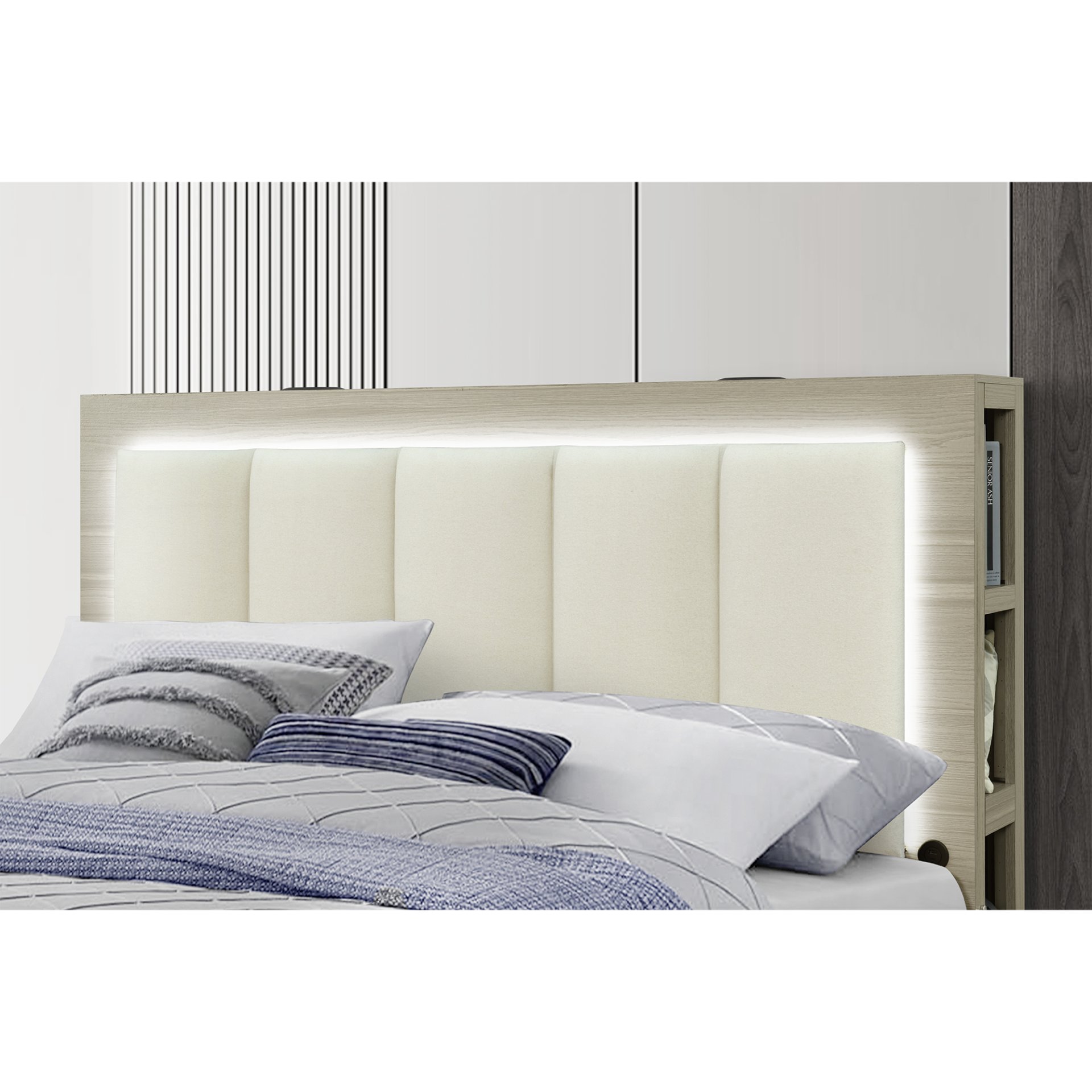 Messa - 5 Piece Queen Bedroom Set With Storage And LED - Natural / White - Image 8
