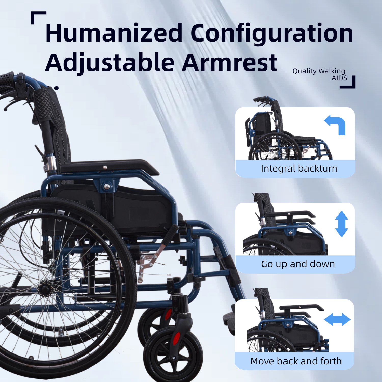 Premium Foldable Transport Wheelchair Frame Double Brakes Adjustable Armrests & Seat Belt Breathable Cushion Anti Backflip 300Lbs Capacity - Black / Blue - Image 6