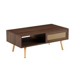 Rattan Coffee Table Sliding Door For Storage Legs Modern Table For Living Room - Walnut