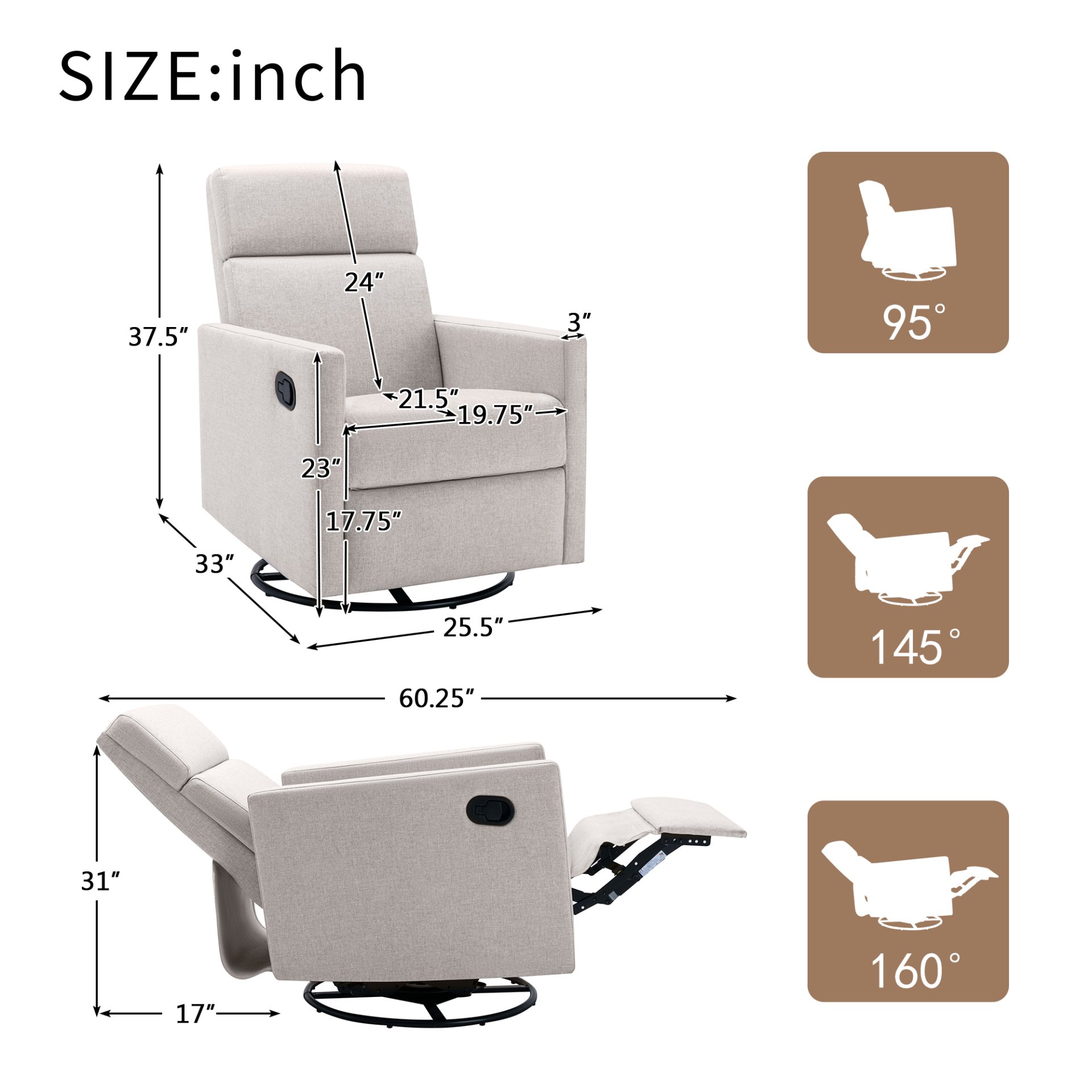 Modern Upholstered Rocker Nursery Chair Plush Seating Glider Swivel Recliner Chair - Tan - Image 3