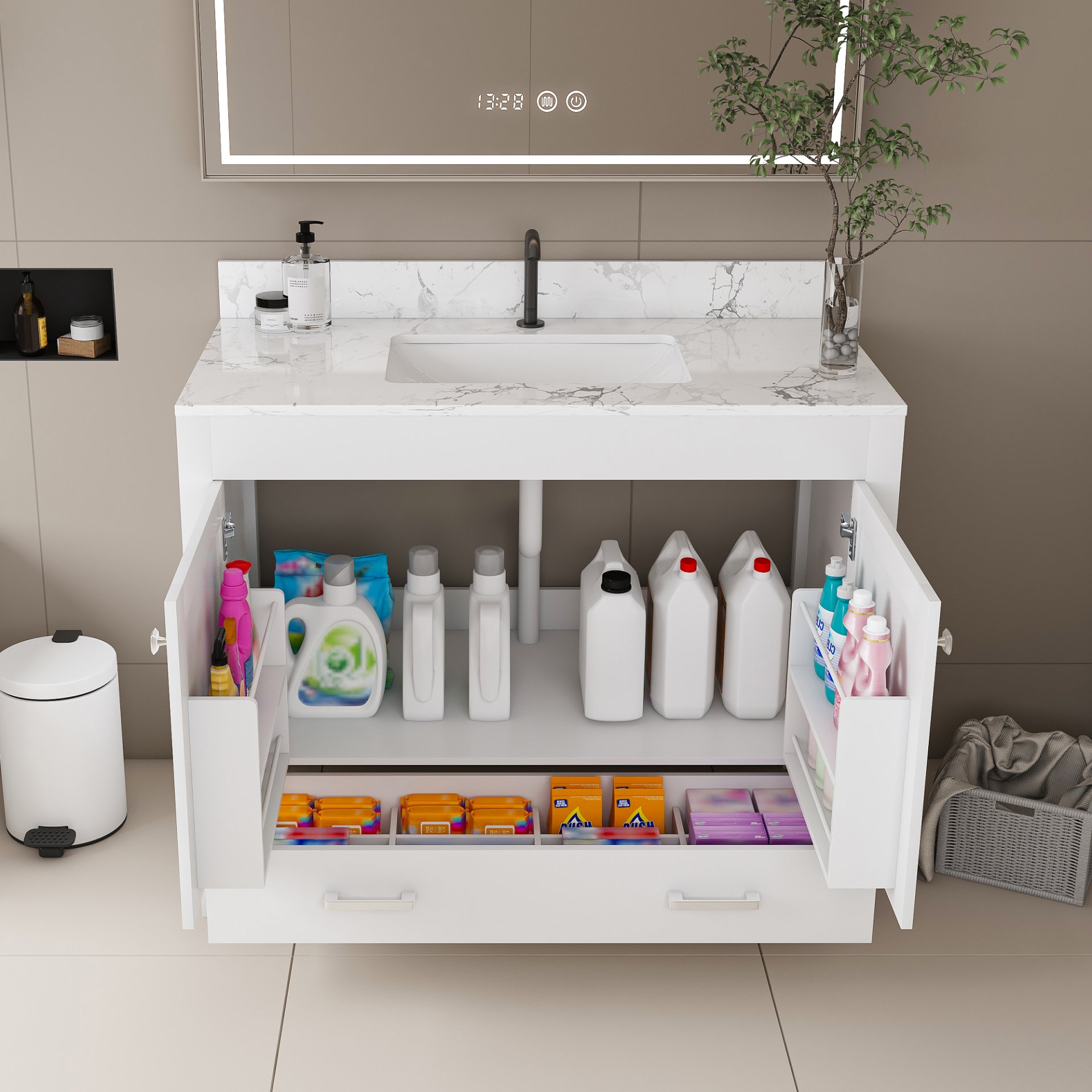 43" Bathroom Vanity With Artificial Marble Carrara Top Set, Multi Functional Cabinet With Doors And Drawer - White - Image 11