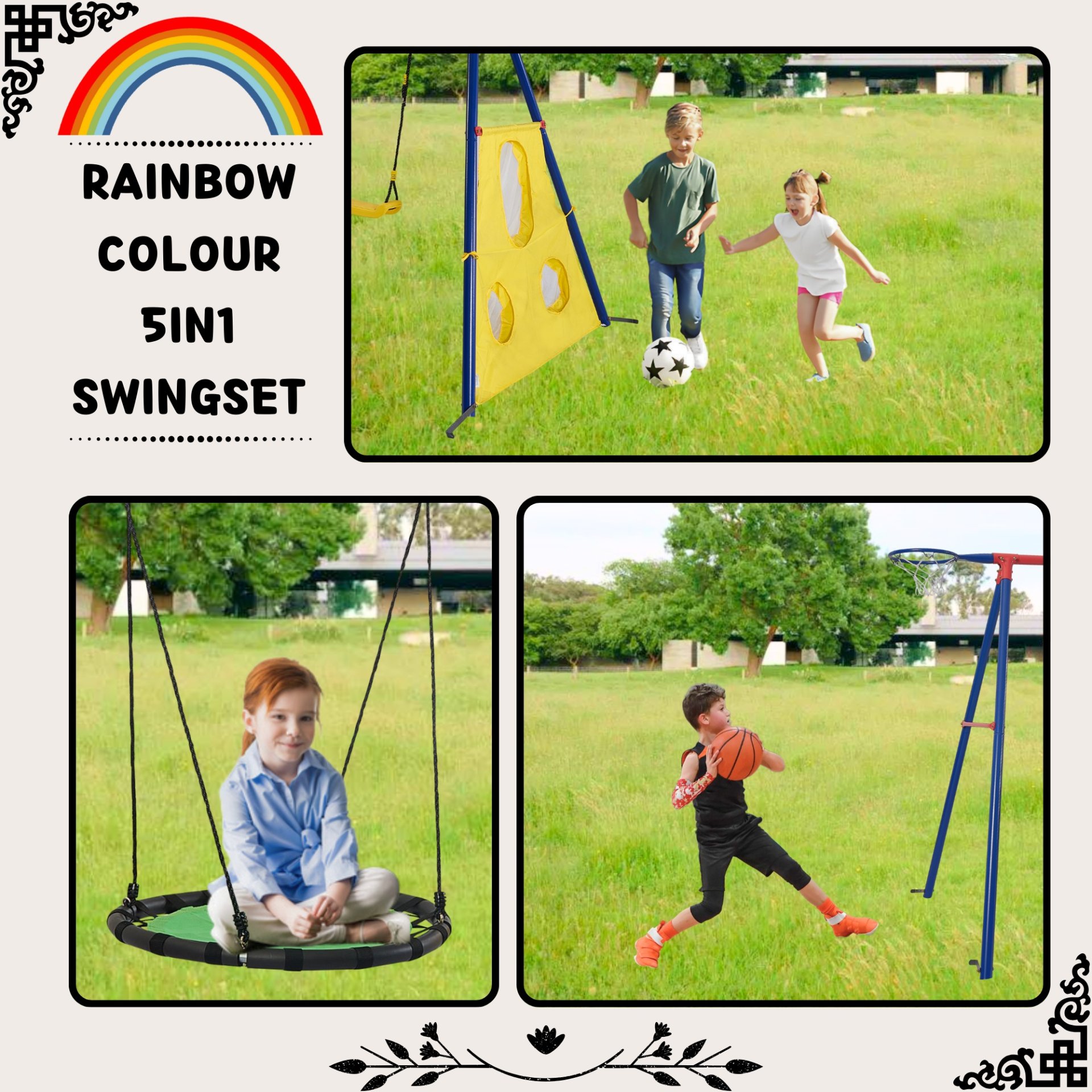 5 In 1 Swing Set With Textilene Swing And Tree Swing Disc Metal Plastic Safe Swing Seat For Outdoor Playground - Blue / Green - Image 6