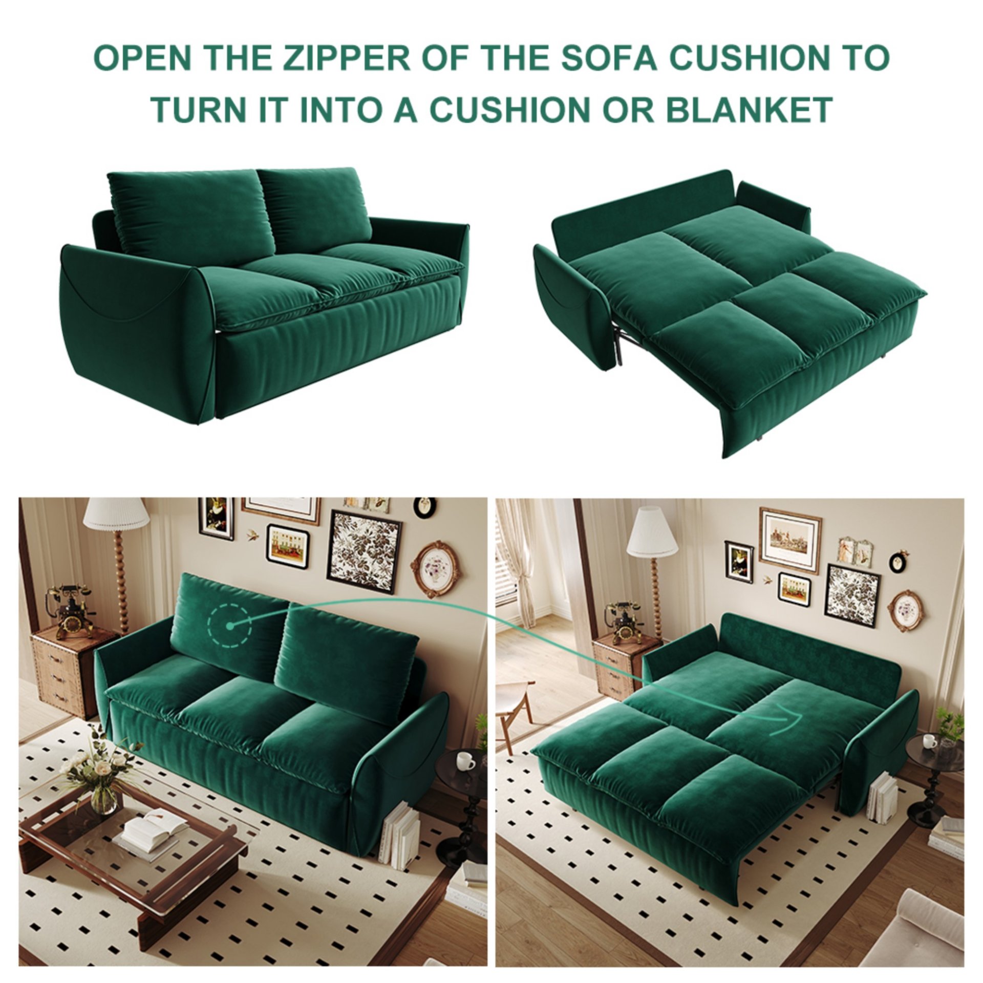 Pull Out Sofa Bed, 3 Seat Convertible Sleeper Sofa With 2 In 1 Pillow And Blanket Set Multifunctional Velvet Sofa Bed - Green - Image 15