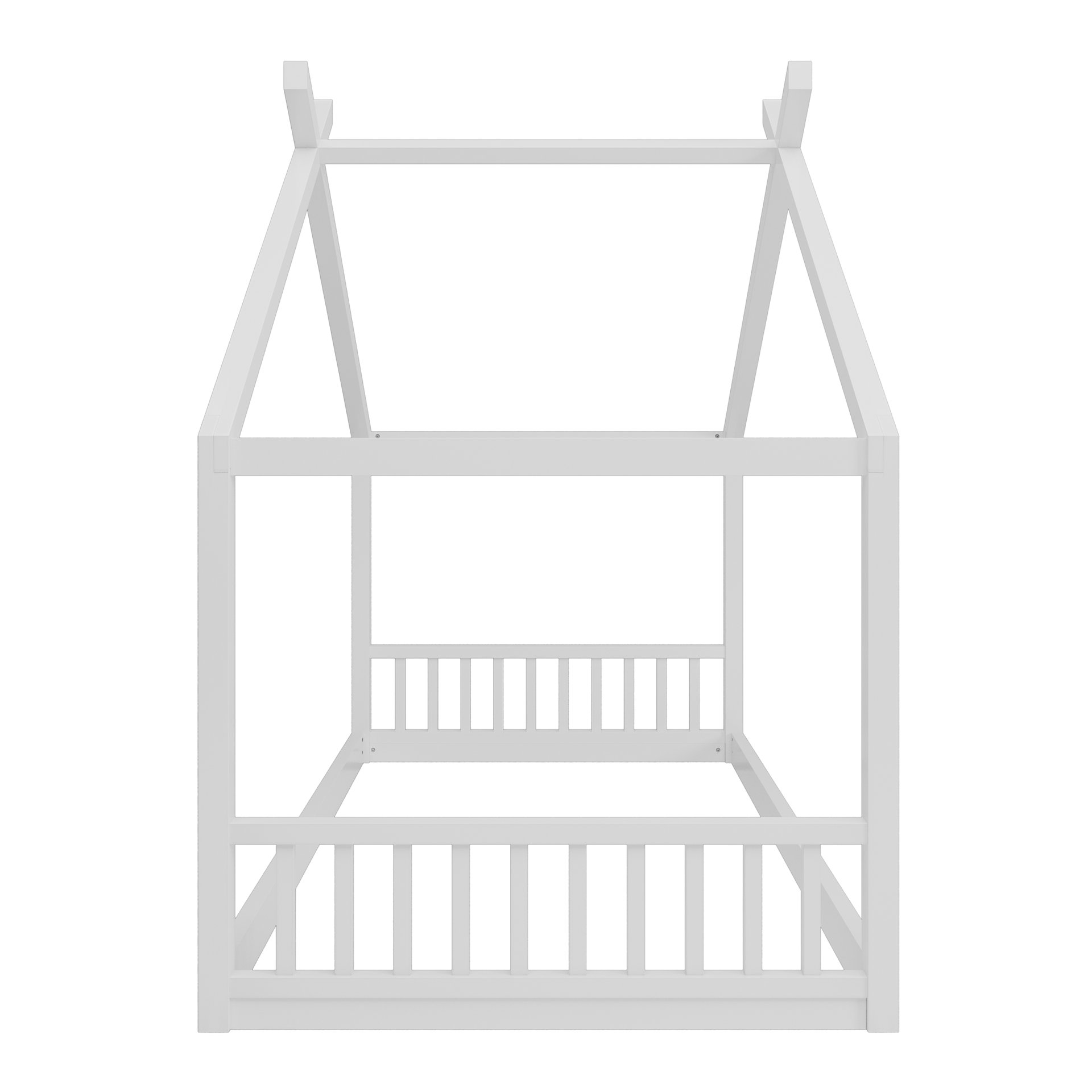 Twin Size Montessori Style House Bed For Kids, Floor Bed Frame With Headboard And Footboard, Fence Bed For Girls, Boys, Slat Not Included - White - Image 6